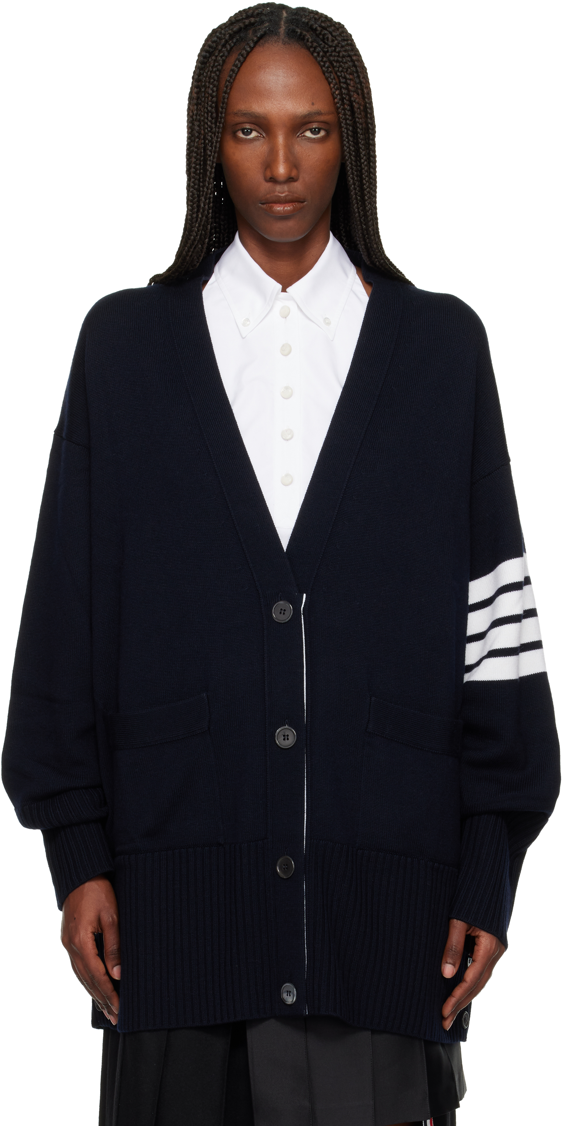 Thom Browne Navy Exaggerated Fit V Neck Cardigan In Blue