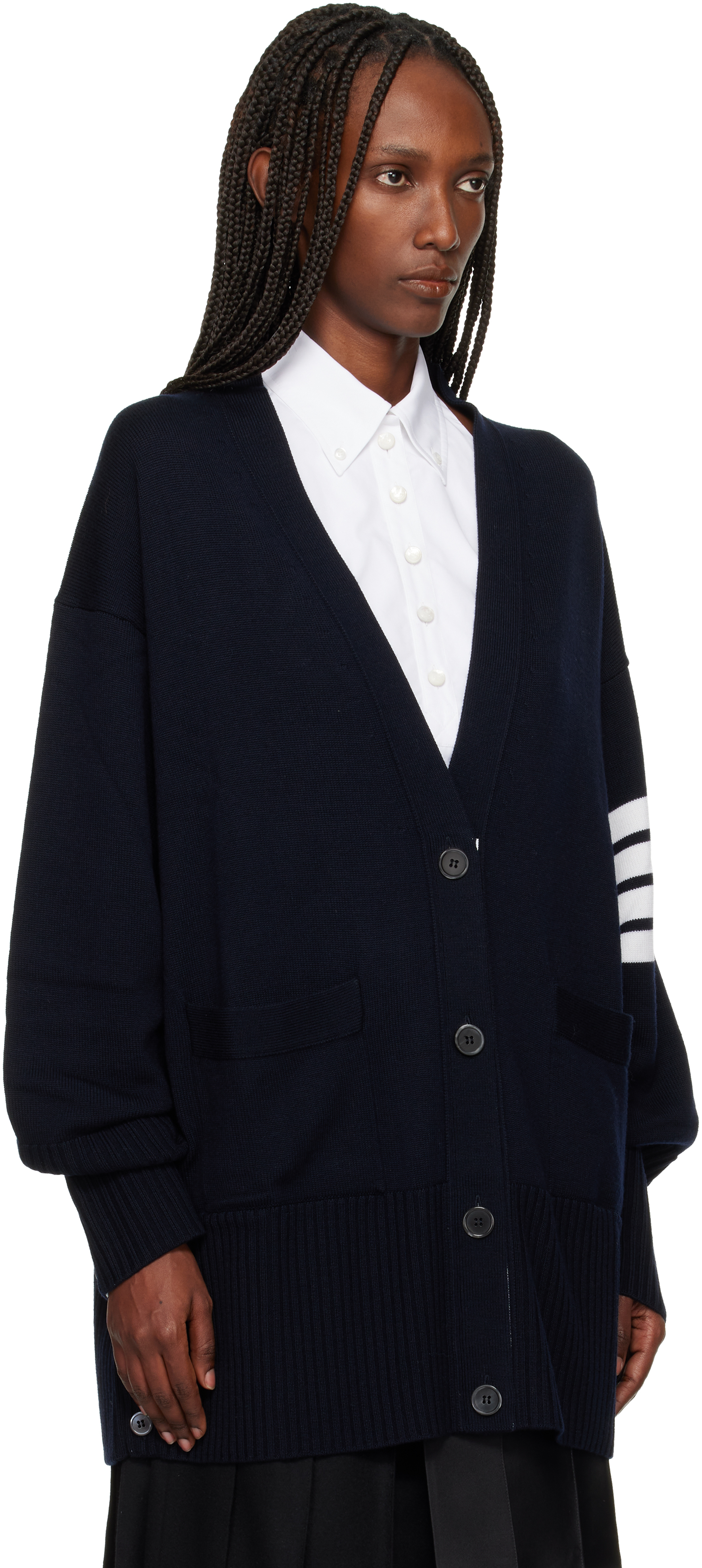 Thom Browne Navy Exaggerated Fit V Neck Cardigan In Blue