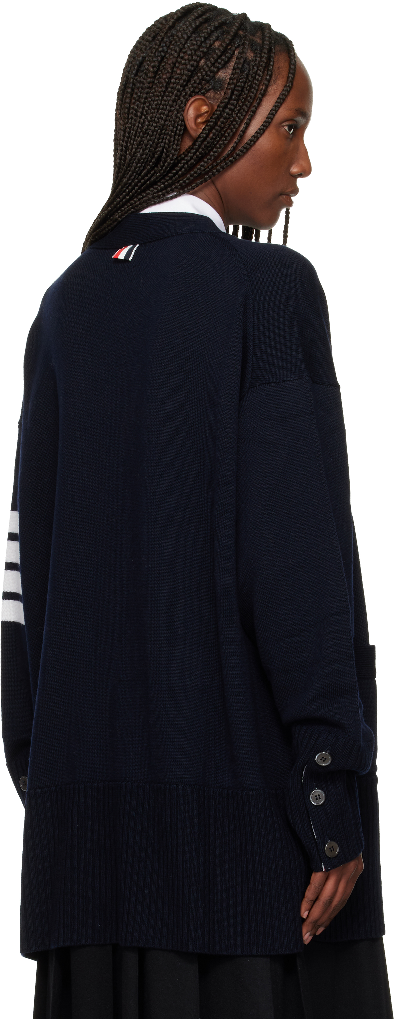 Thom Browne Navy Exaggerated Fit V Neck Cardigan In Blue