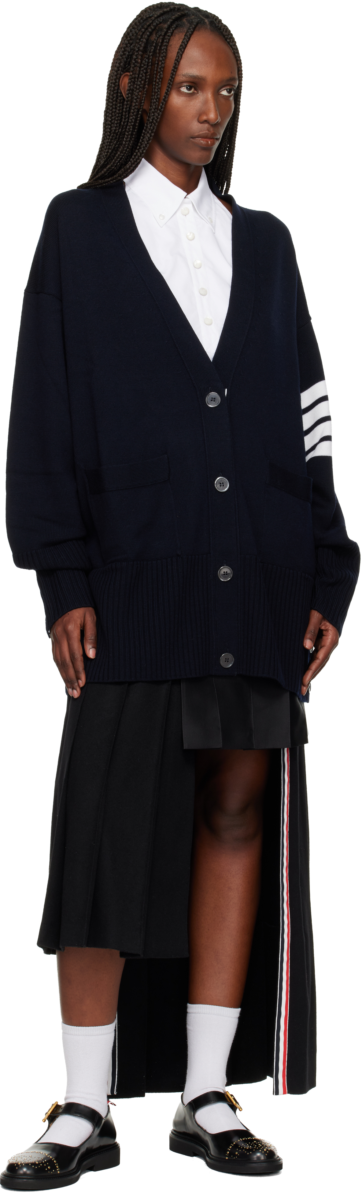 Thom Browne Navy Exaggerated Fit V Neck Cardigan In Blue
