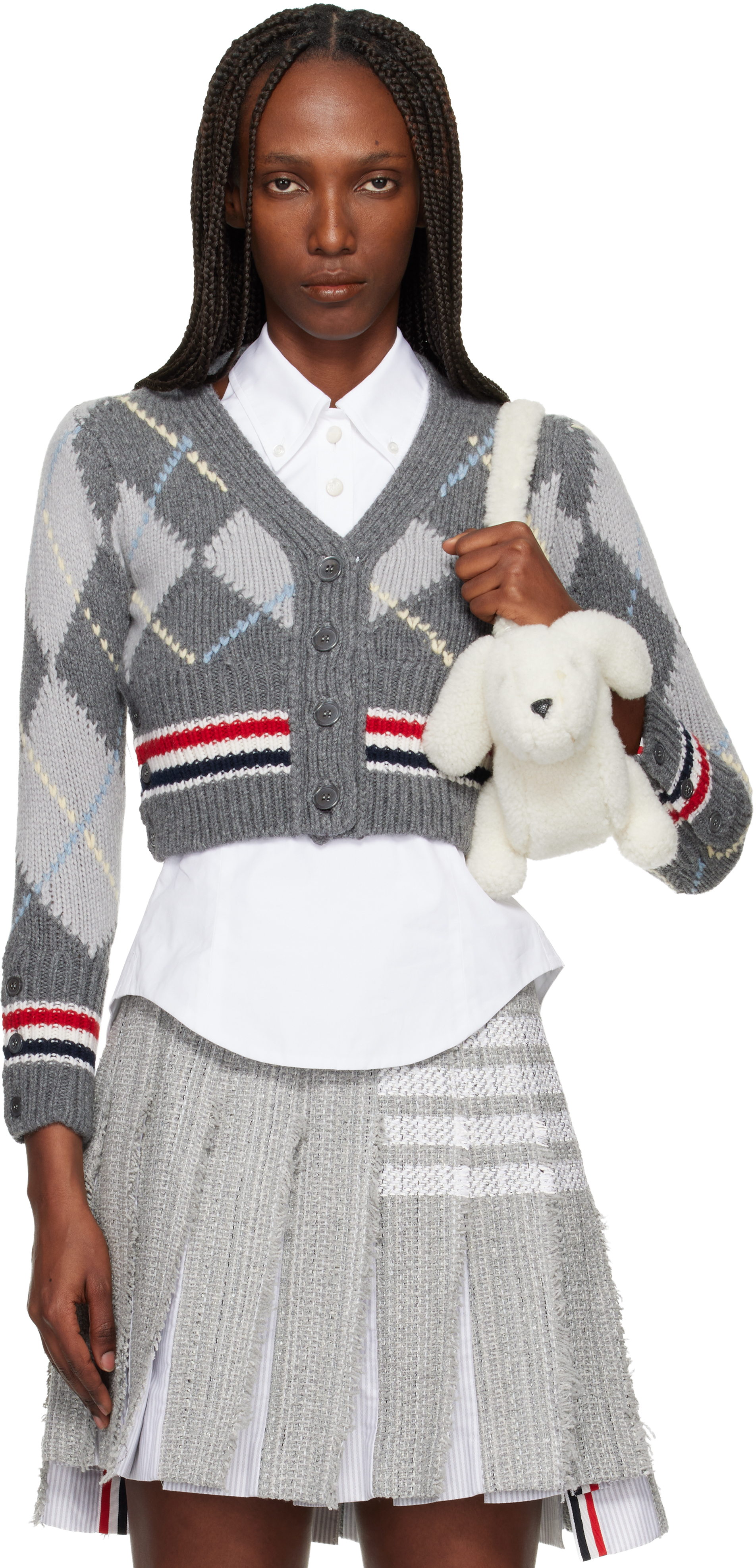 Thom Browne: Gray Argyle Intarsia Merino Wool Shrunken Cardigan