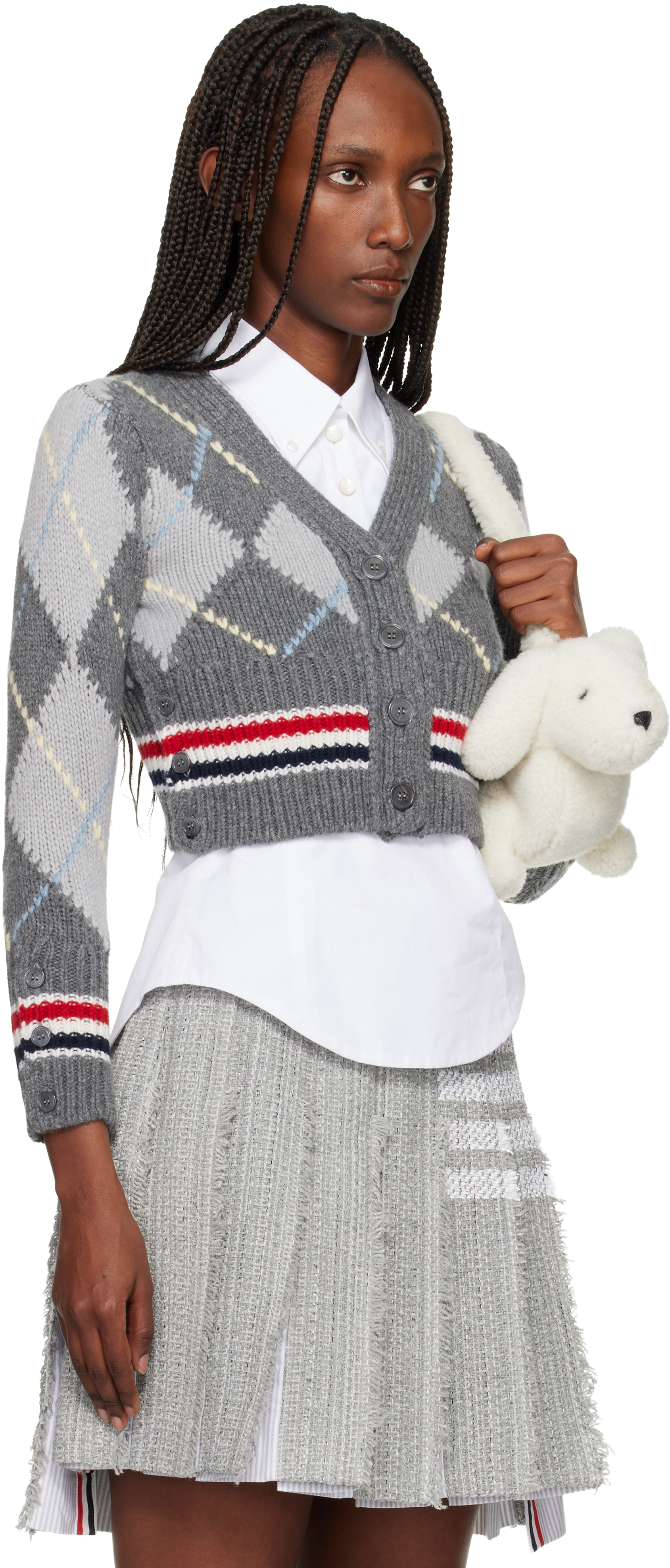 Thom Browne Argyle Intarsia Shrunken Virgin Wool Blend Cardigan In Gray