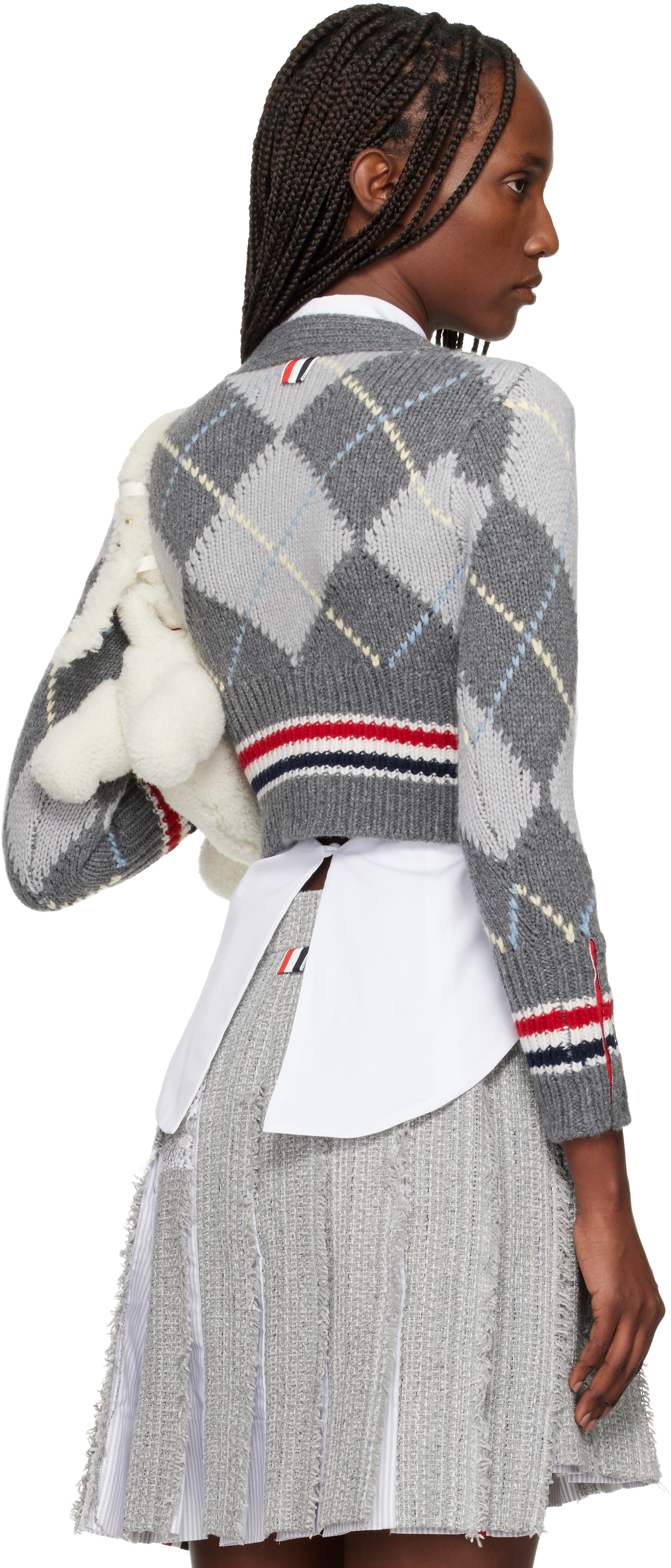 Thom Browne Argyle Intarsia Shrunken Virgin Wool Blend Cardigan In Gray