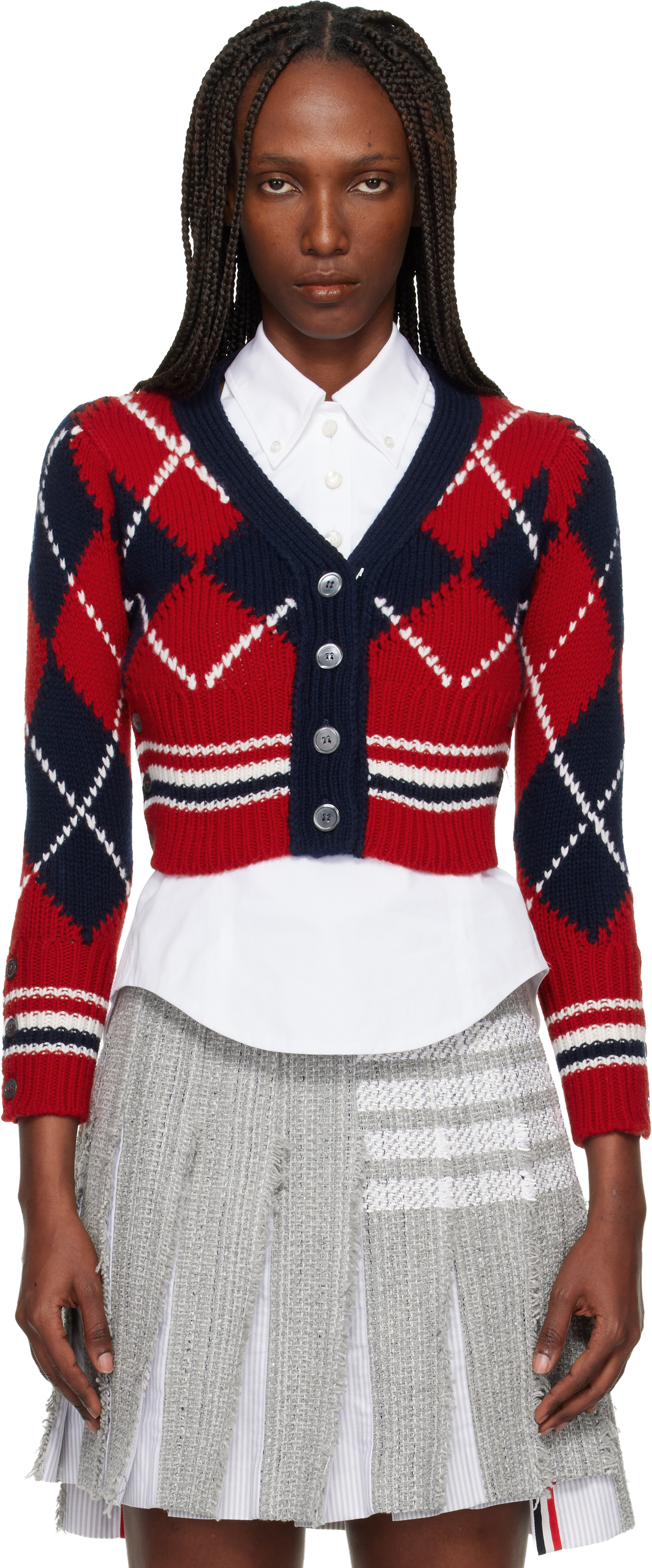 Thom Browne Red Argyle Intarsia Merino Wool Shrunken Cardigan In Red