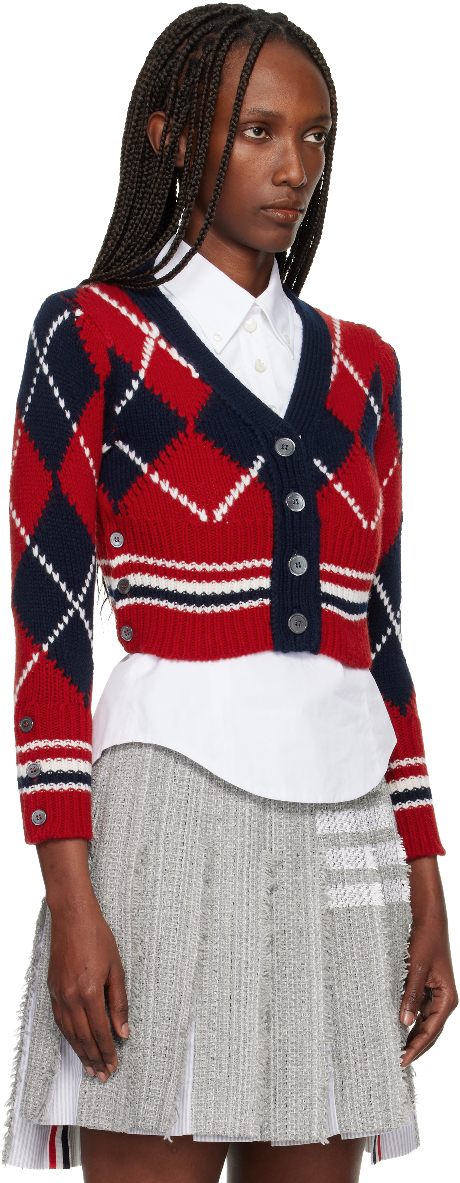 Thom Browne Red Argyle Intarsia Merino Wool Shrunken Cardigan In Red