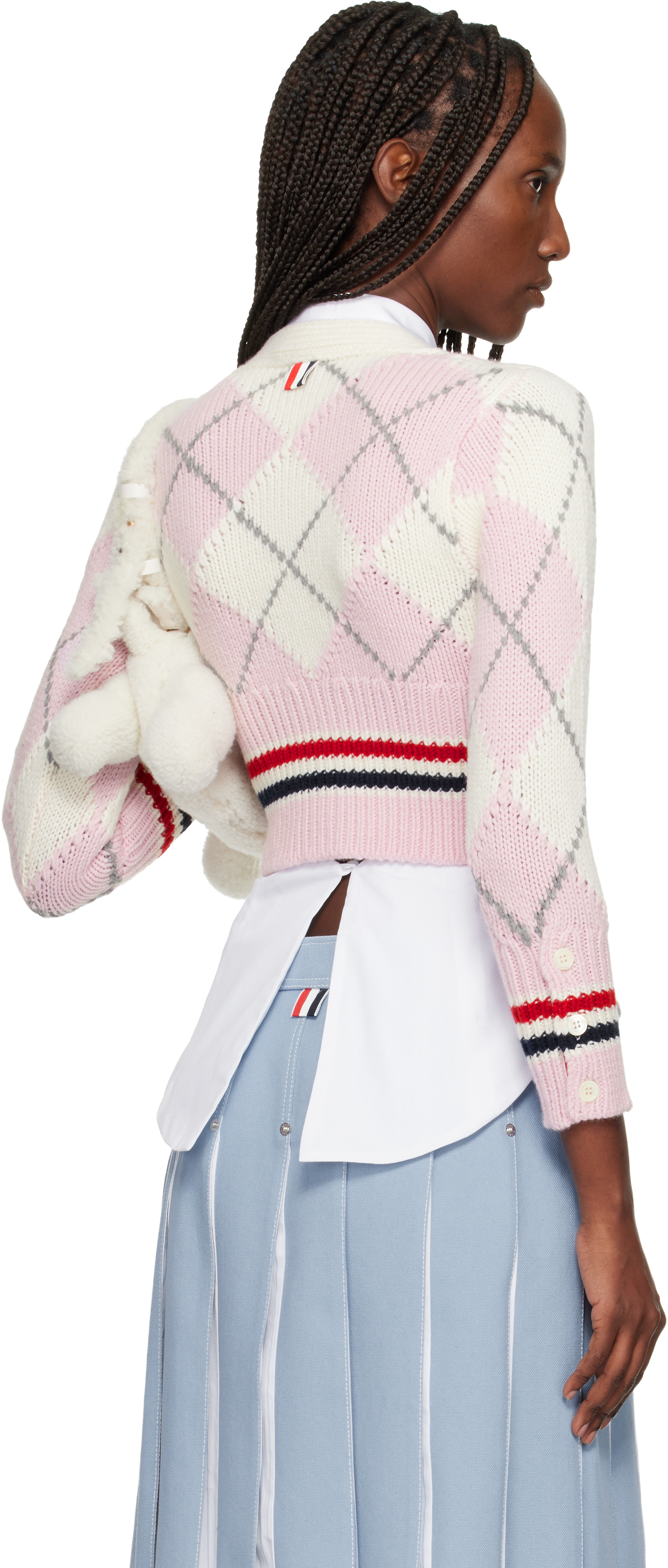Thom Browne Argyle Intarsia Shrunken Virgin Wool Blend Cardigan In Pink