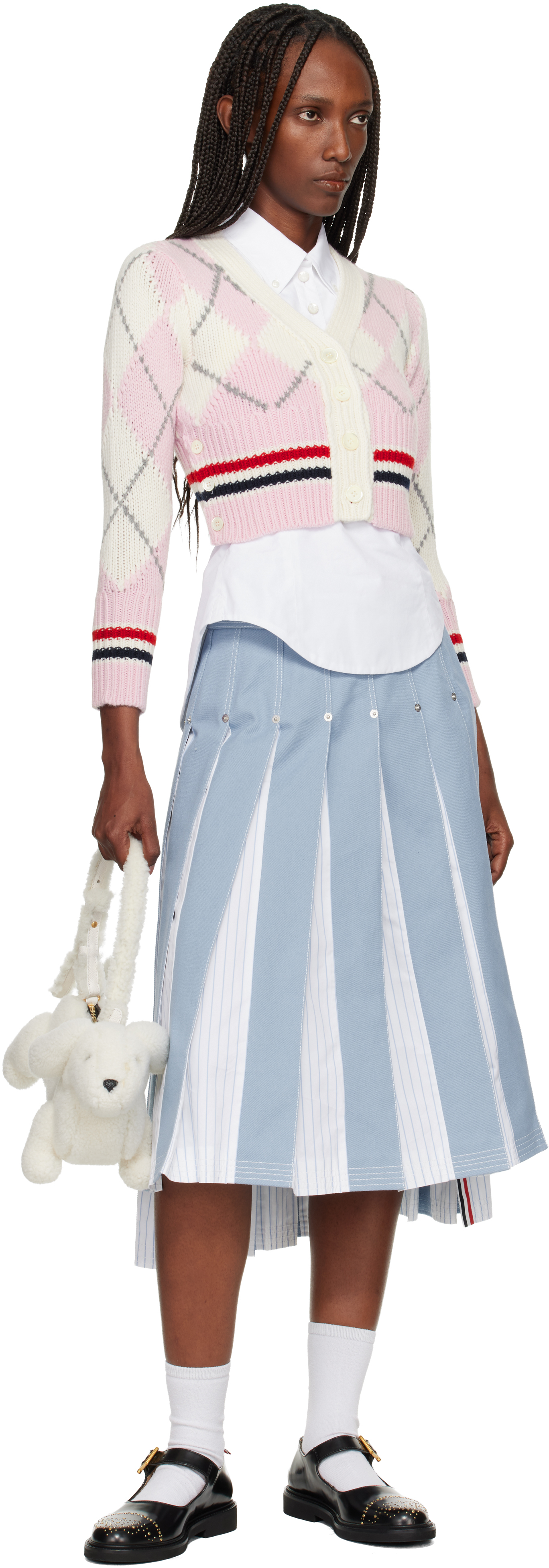 Thom Browne Argyle Intarsia Shrunken Virgin Wool Blend Cardigan In Pink