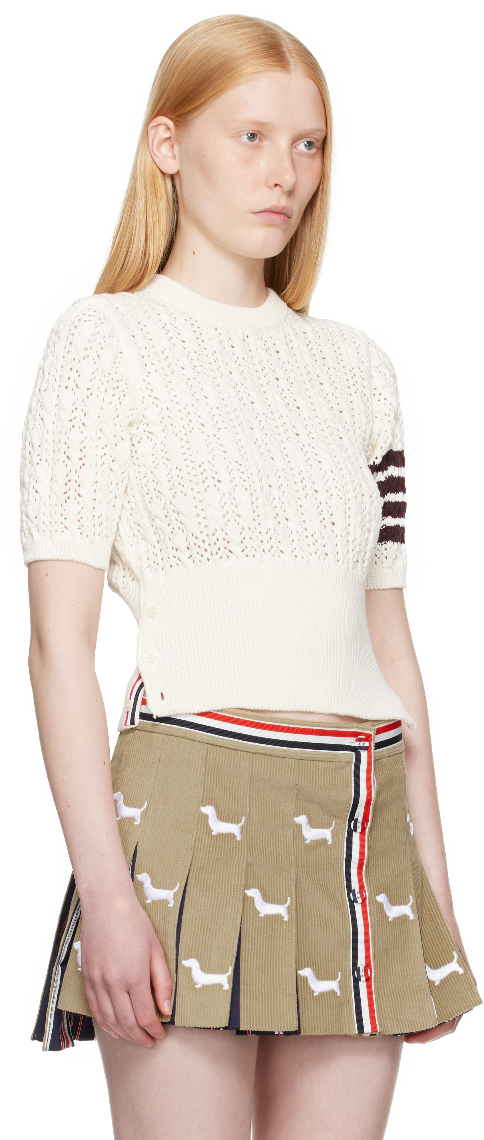 Thom Browne Womens White Pointelle Cable-knit Cotton T-shirt