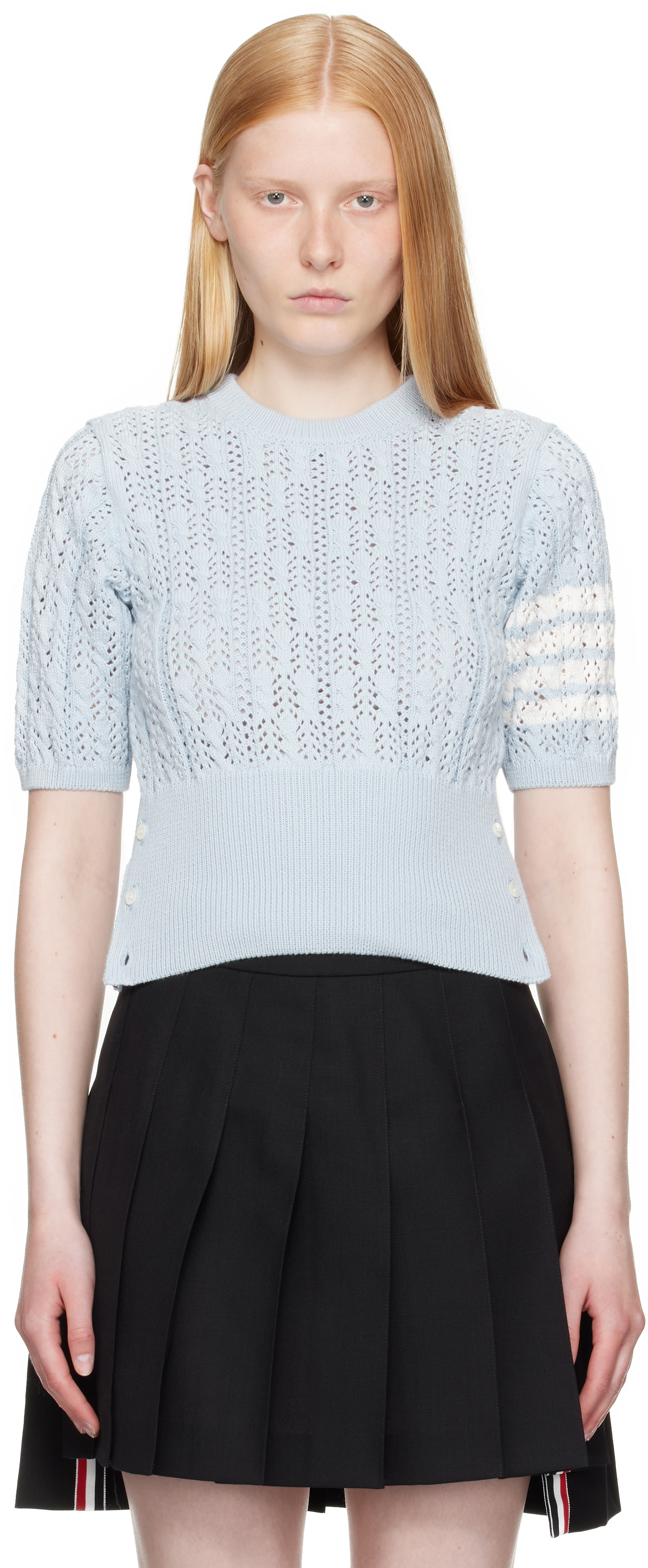 Thom Browne Womens Light Blue Pointelle Cable-knit Cotton T-shirt In Blue