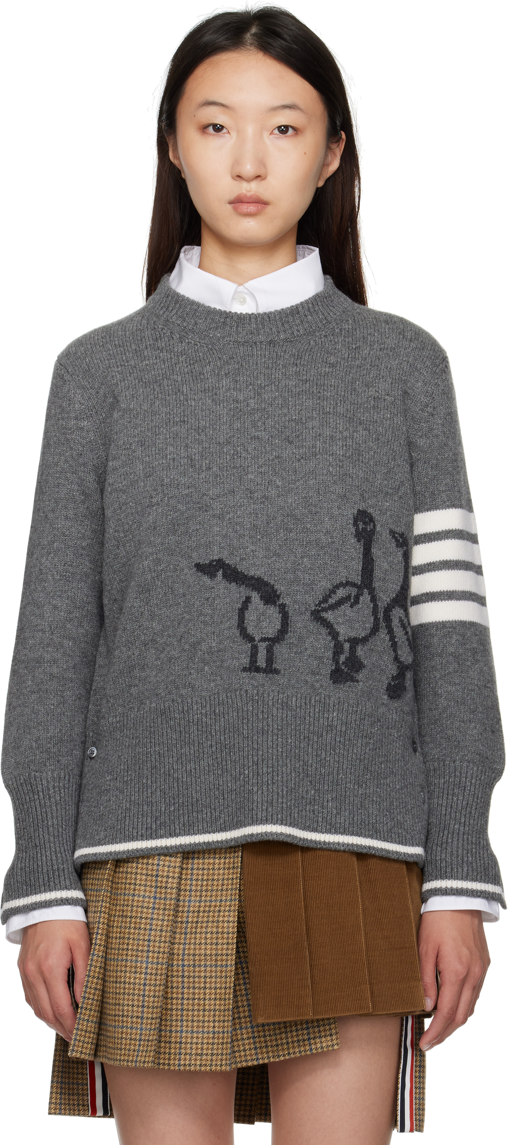 Gray Fine Merino Intarsia Geese 4-Bar Sweater
