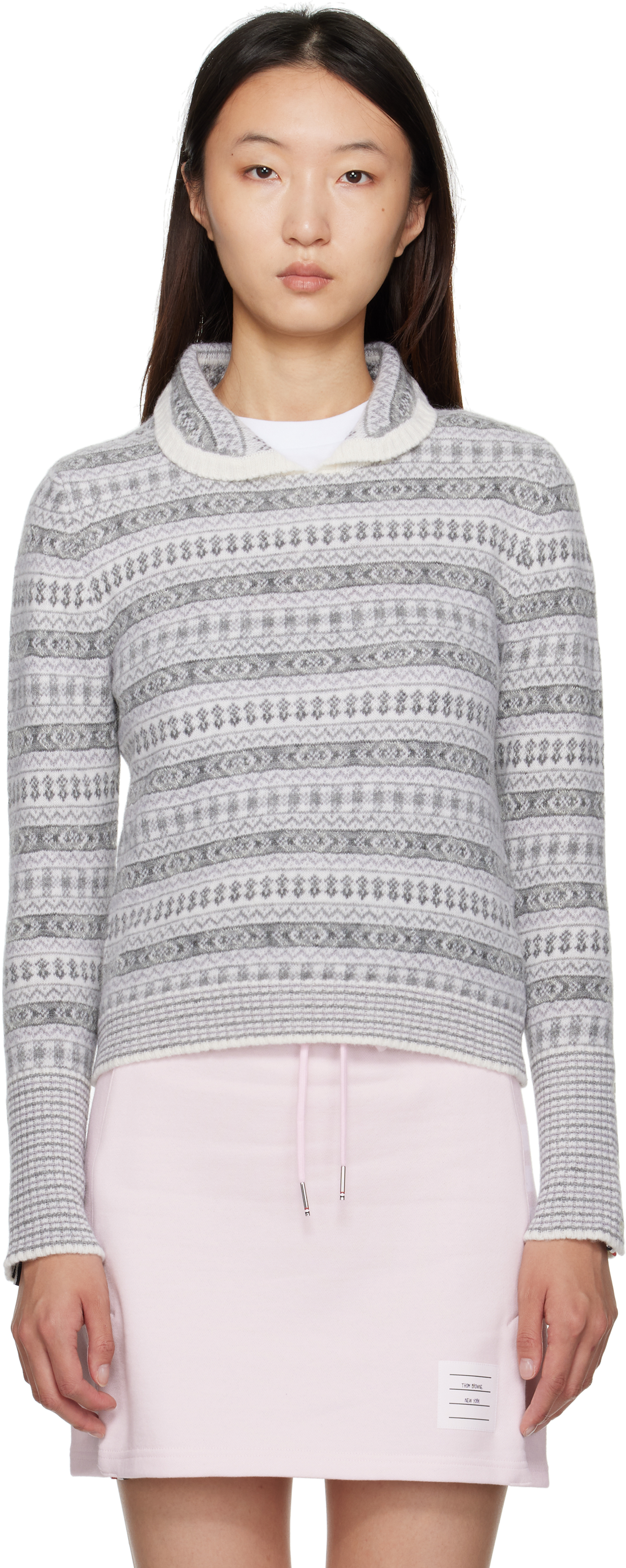Gray Wool Flannel & Mohair Jacquard Sweater