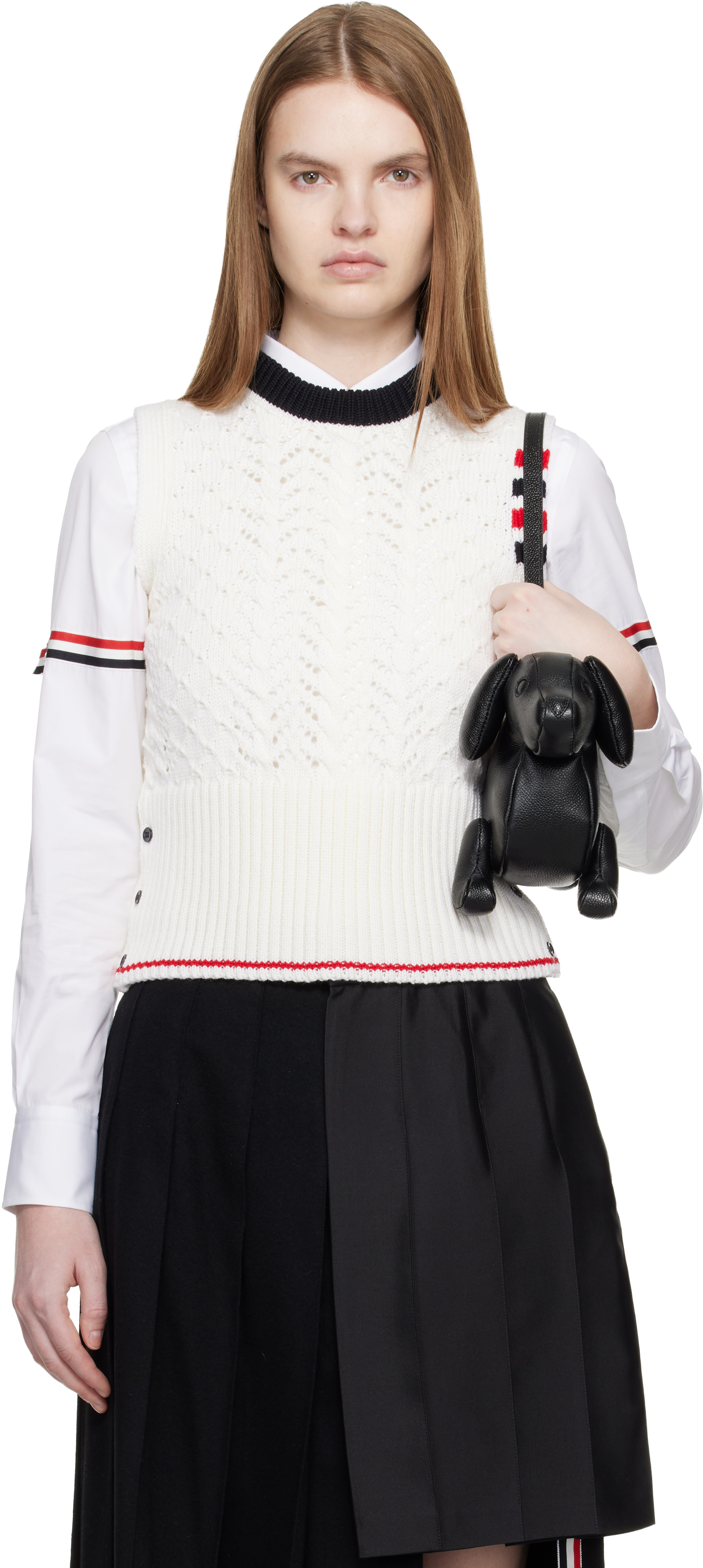 Thom Browne White Cable Pointelle Stitch 4-bar Sweater Vest