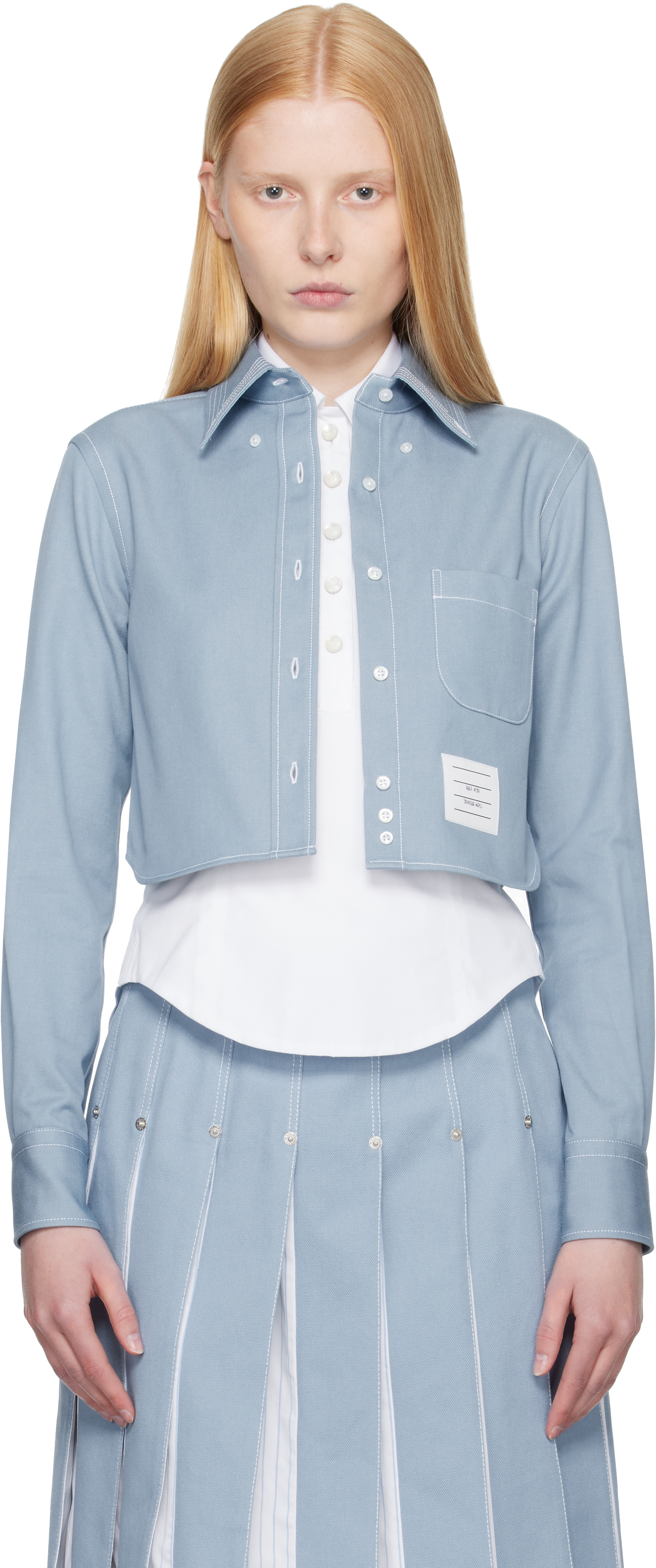 Thom Browne Cropped Denim Shirt With Contrast Stitching