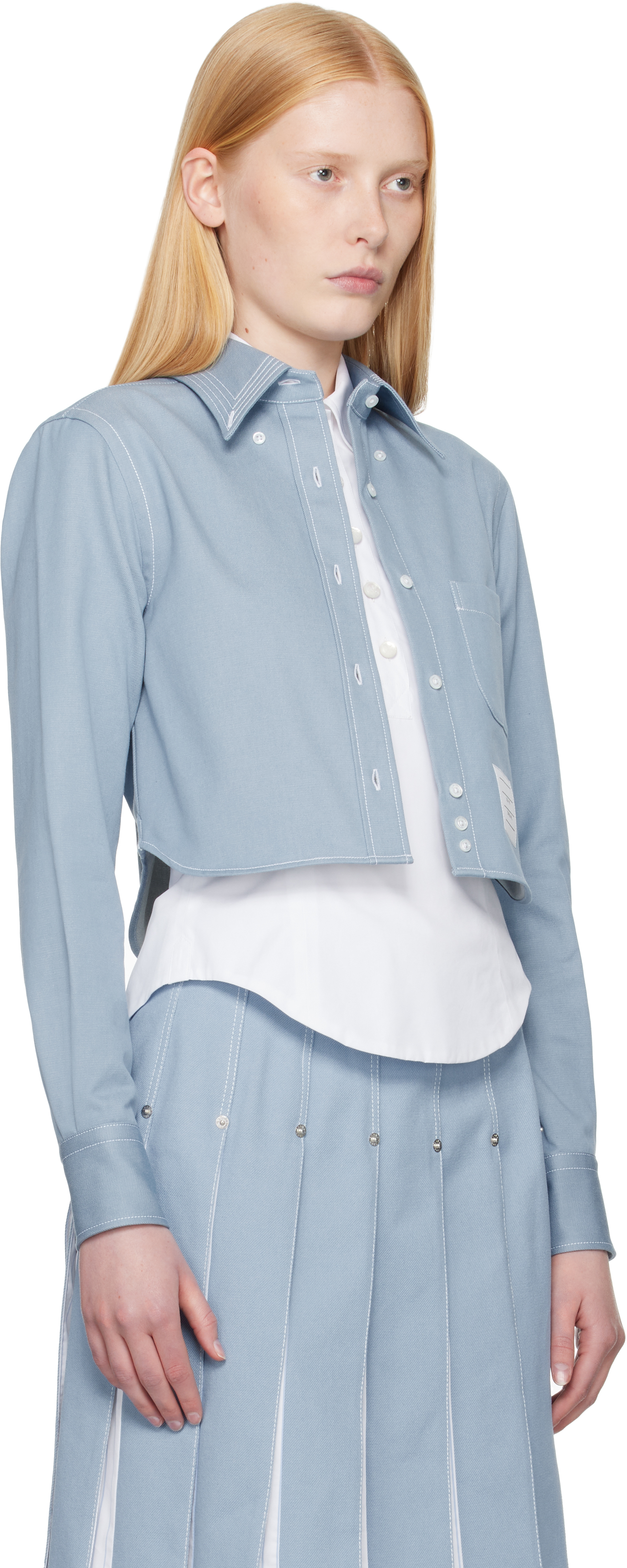 Thom Browne Cropped Denim Shirt With Contrast Stitching