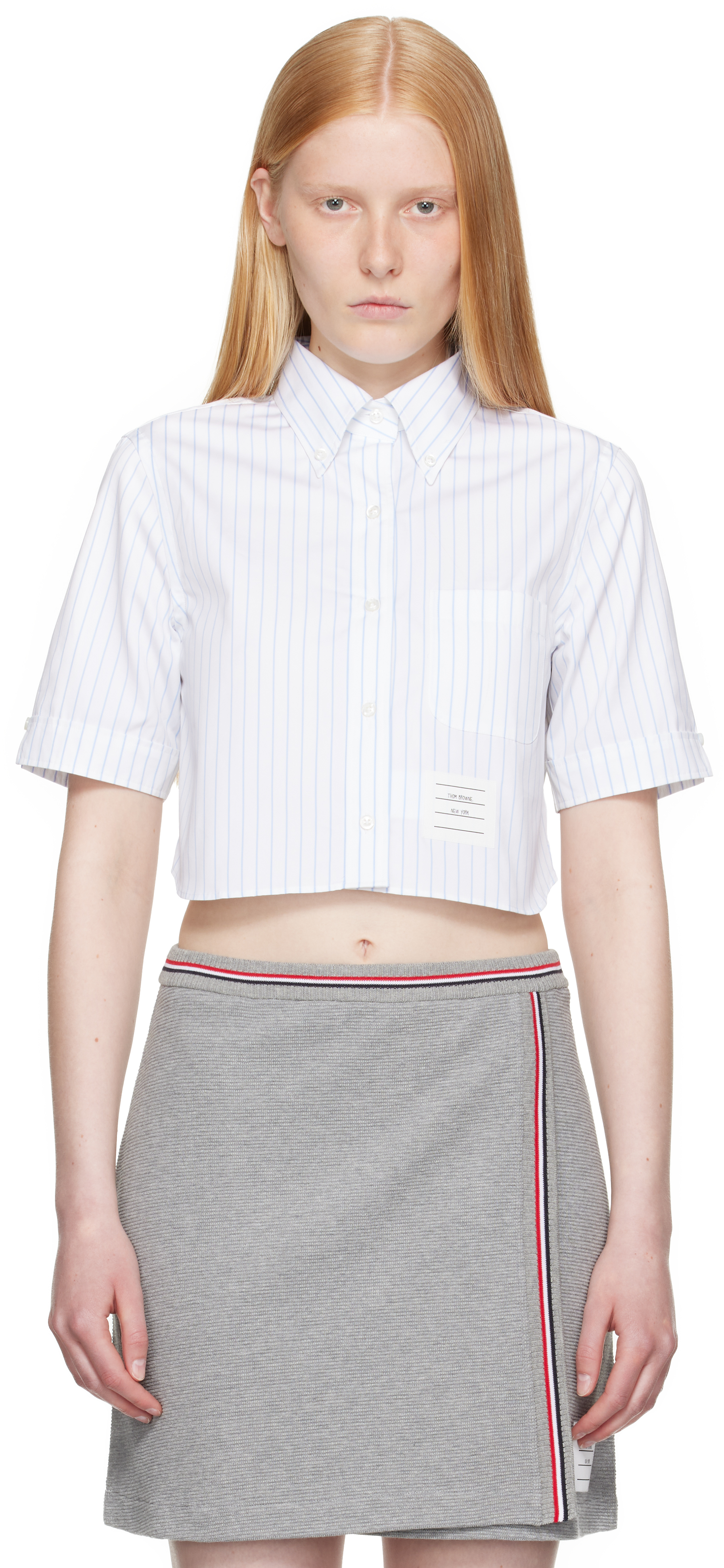 White Pinstripe Poplin Cropped Short Sleeve Shirt