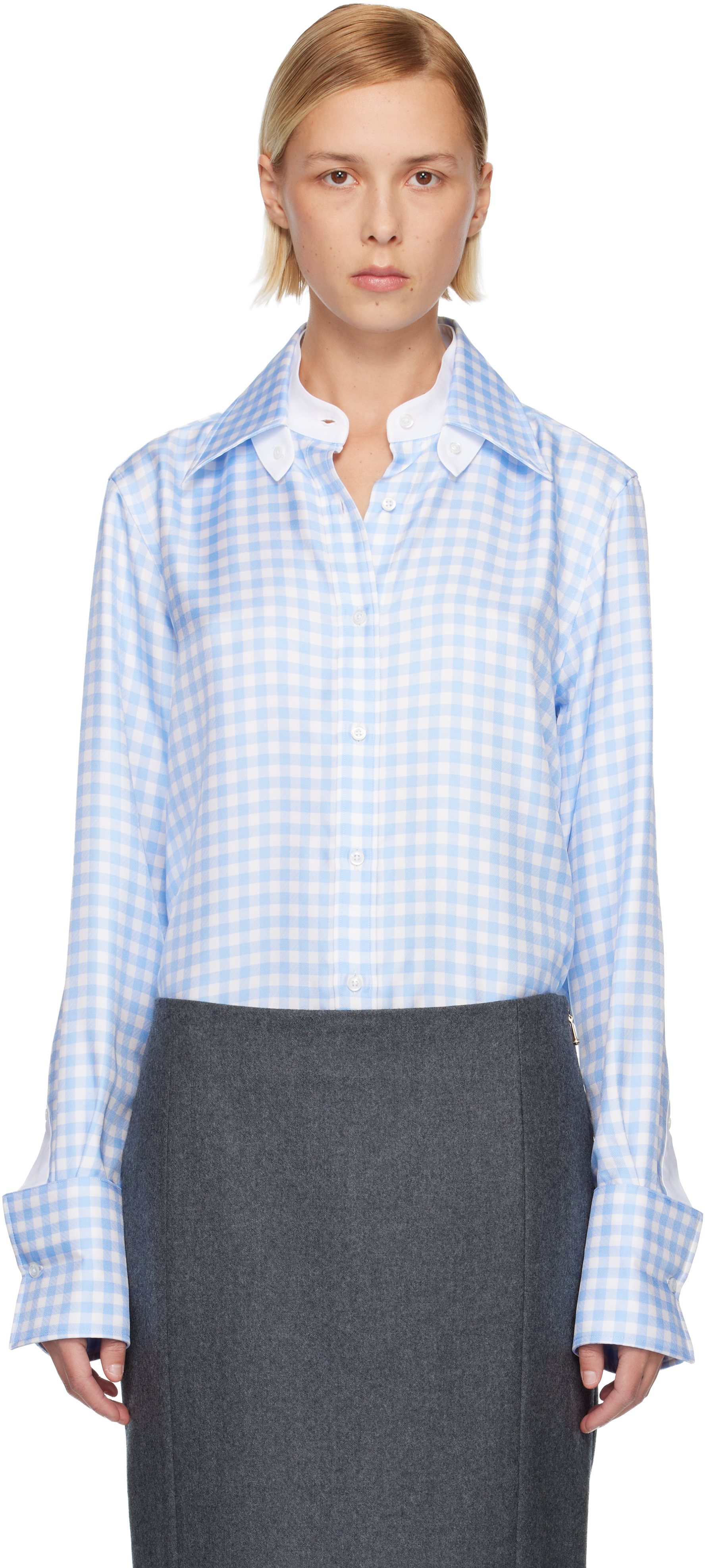 Thom Browne Blue Silk Twill Gingham Shirt