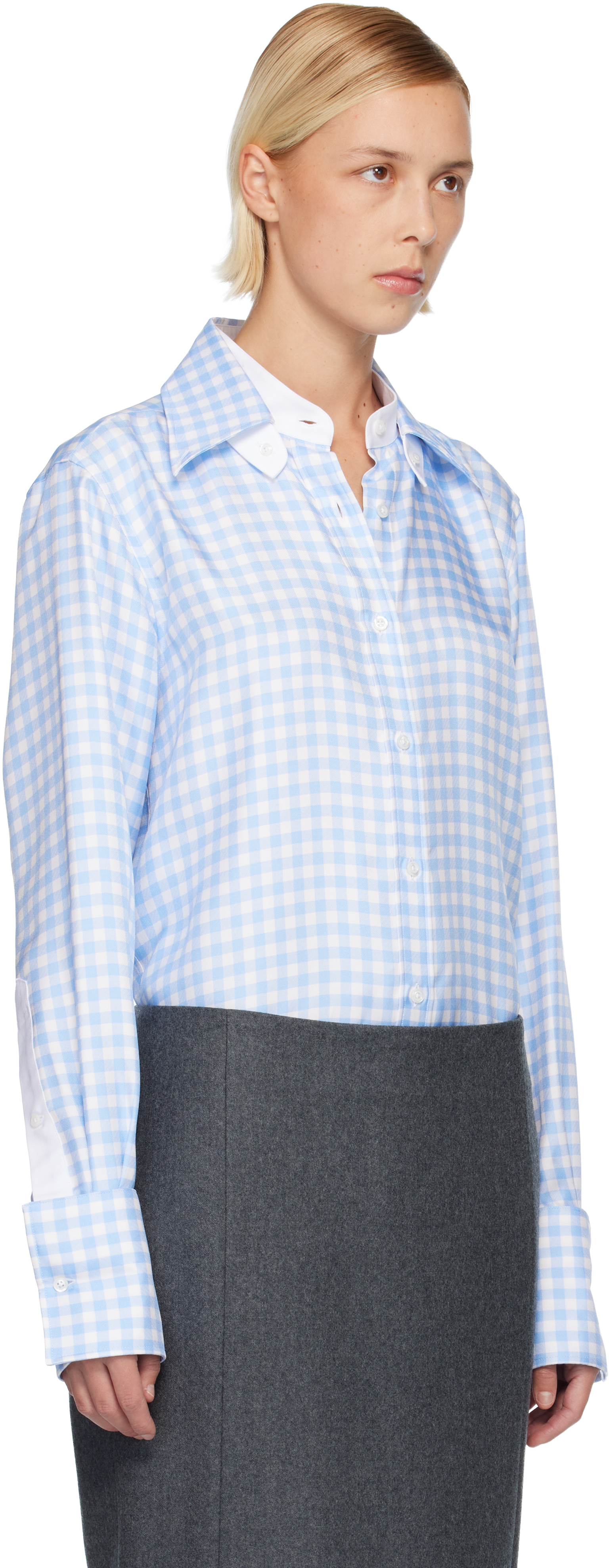 Thom Browne Blue Silk Twill Gingham Shirt In Blue