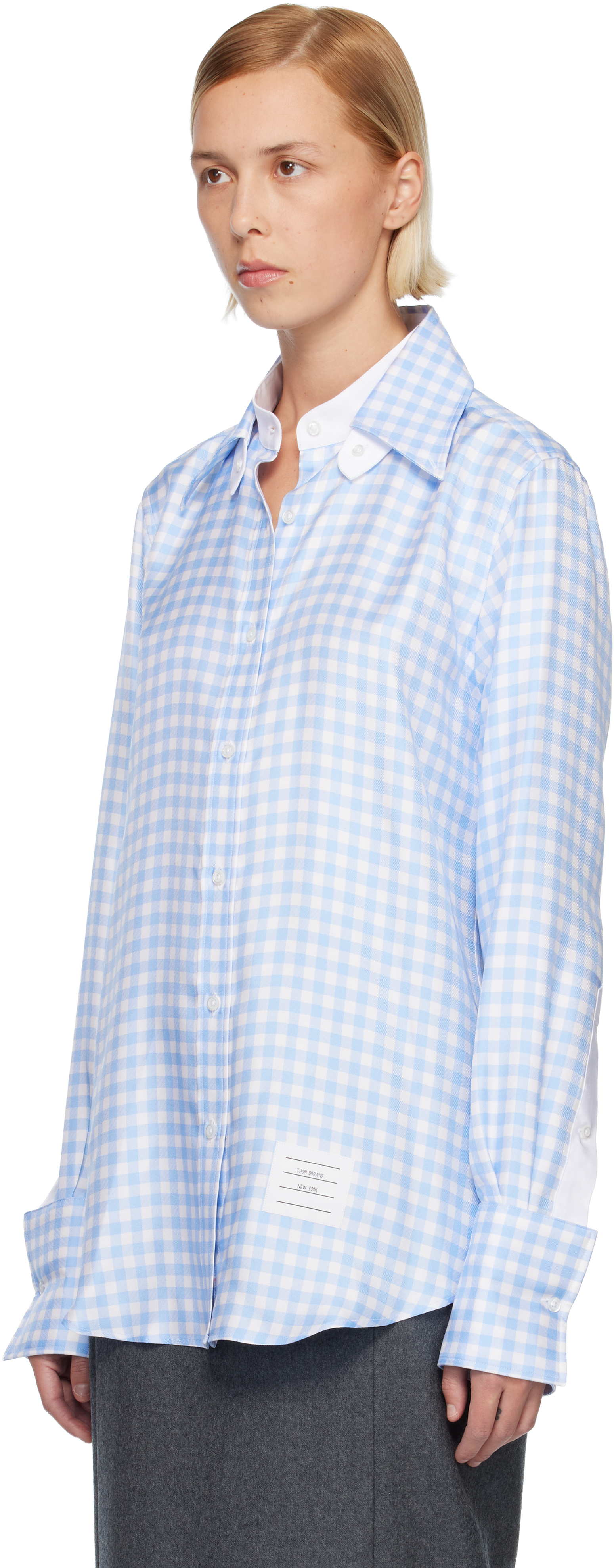 Thom Browne Blue Silk Twill Gingham Shirt In Blue