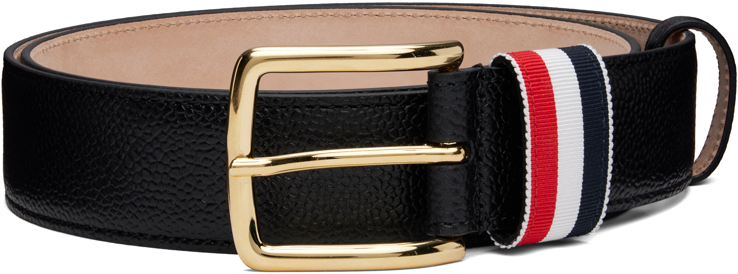 Thom Browne Black Pebble Grain Striped Loop Belt In Black