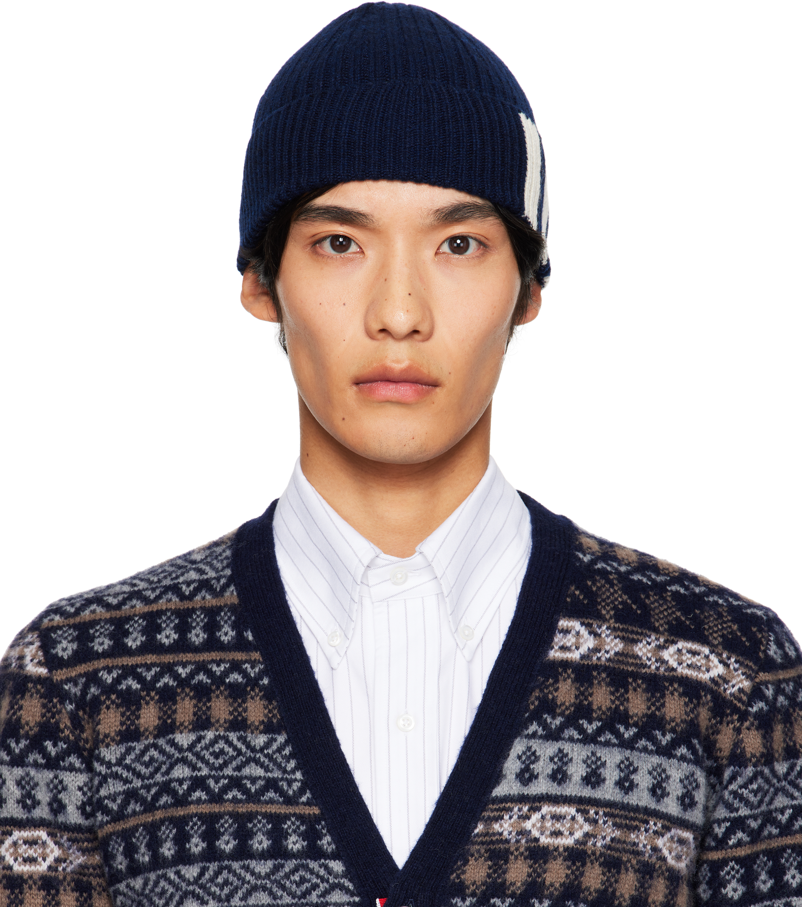 Navy Cashmere 4-Bar Cuff Beanie