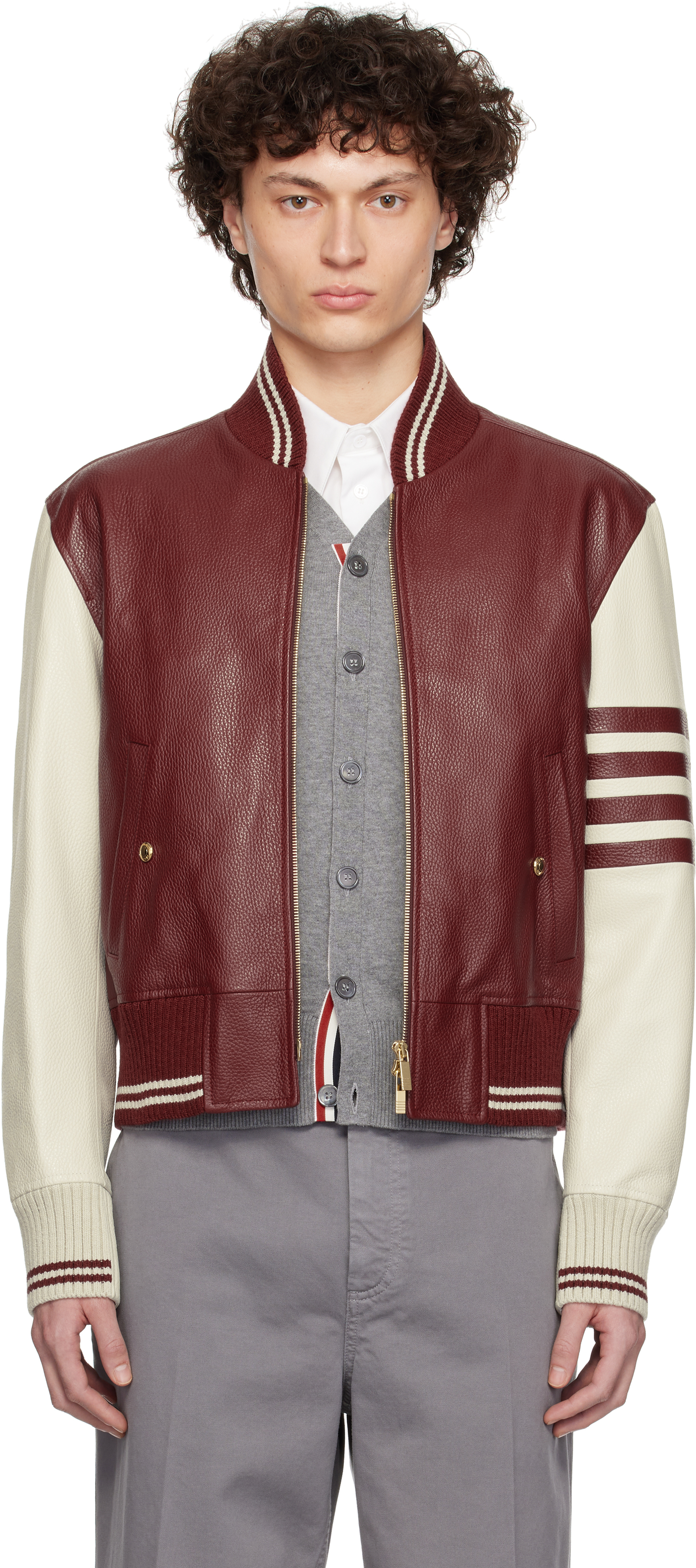 Burgundy & Off-White Classic 4-Bar Leather Bomber Jacket