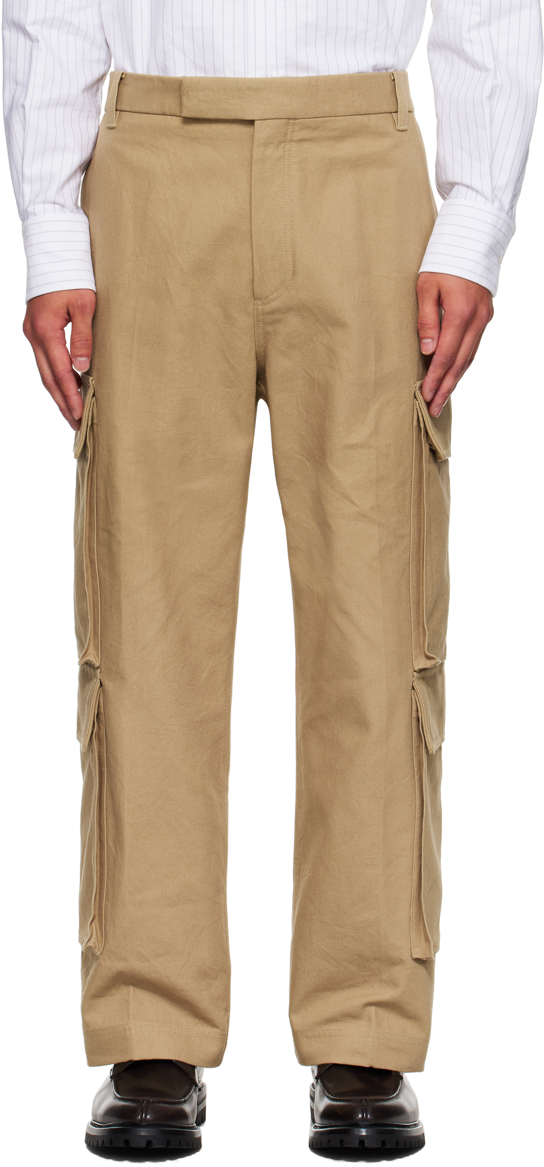 Beige Washed Cotton Utility Chino Cargo Pants