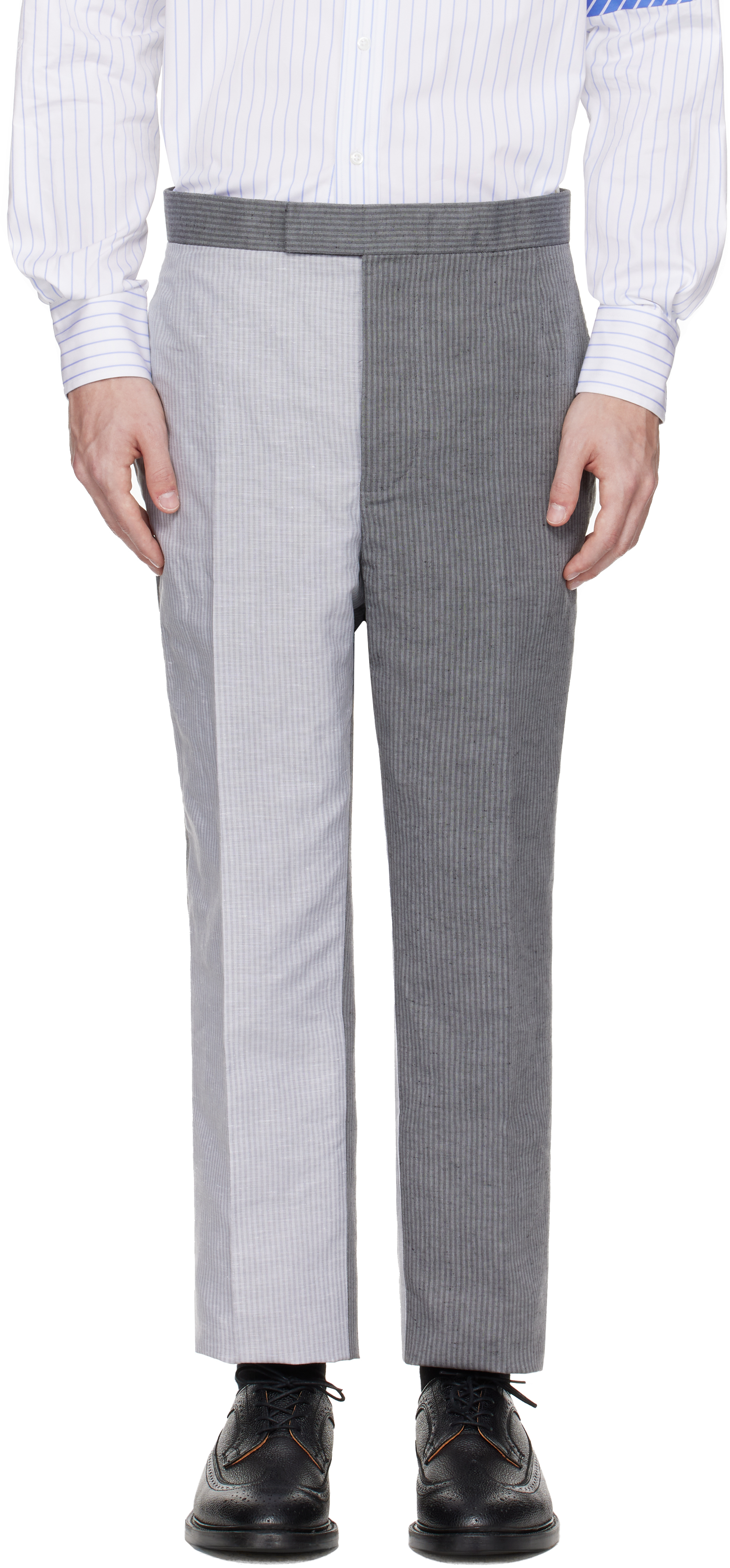 Gray University Stripe Linen Cotton Trousers