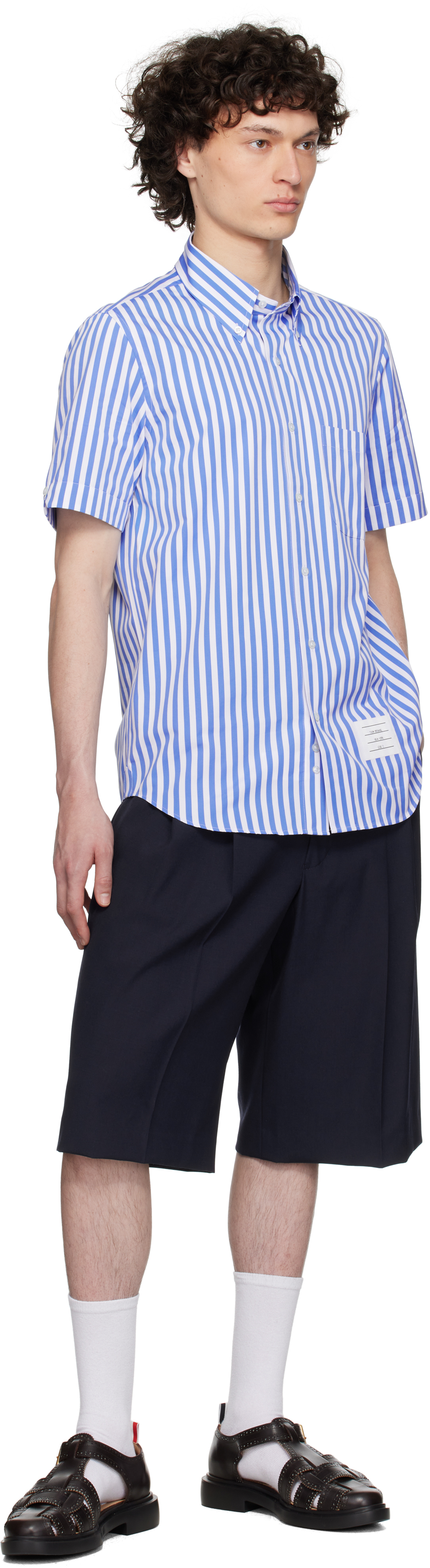 Thom Browne Vertical Striped Short Sleeve Shirt In 460 Medium Blue