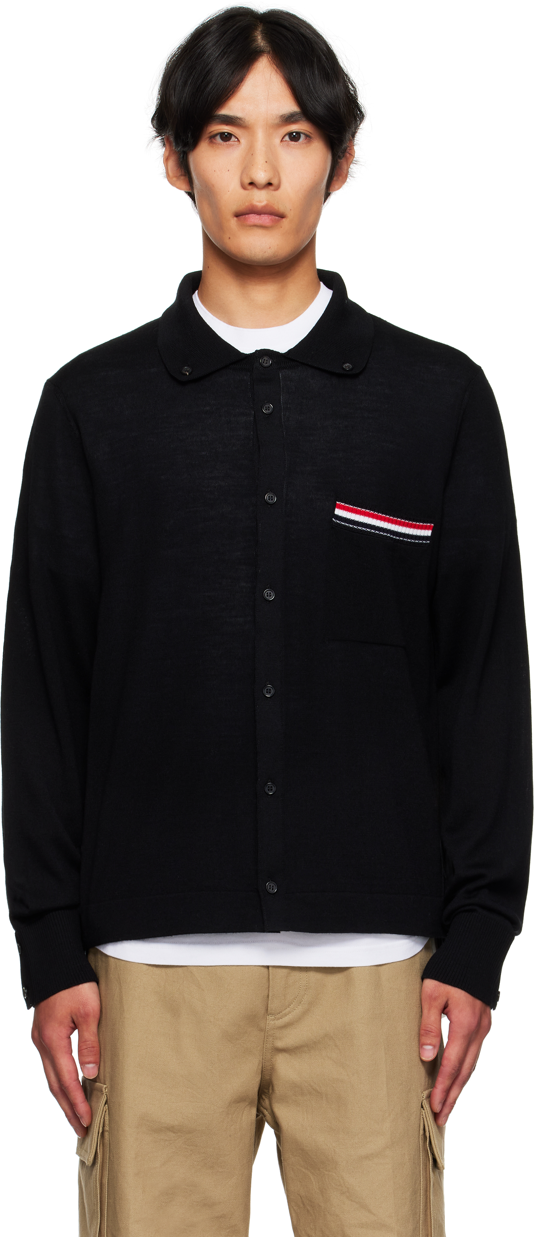 Black Merino Wool Jersey Stitch Long Sleeve Shirt