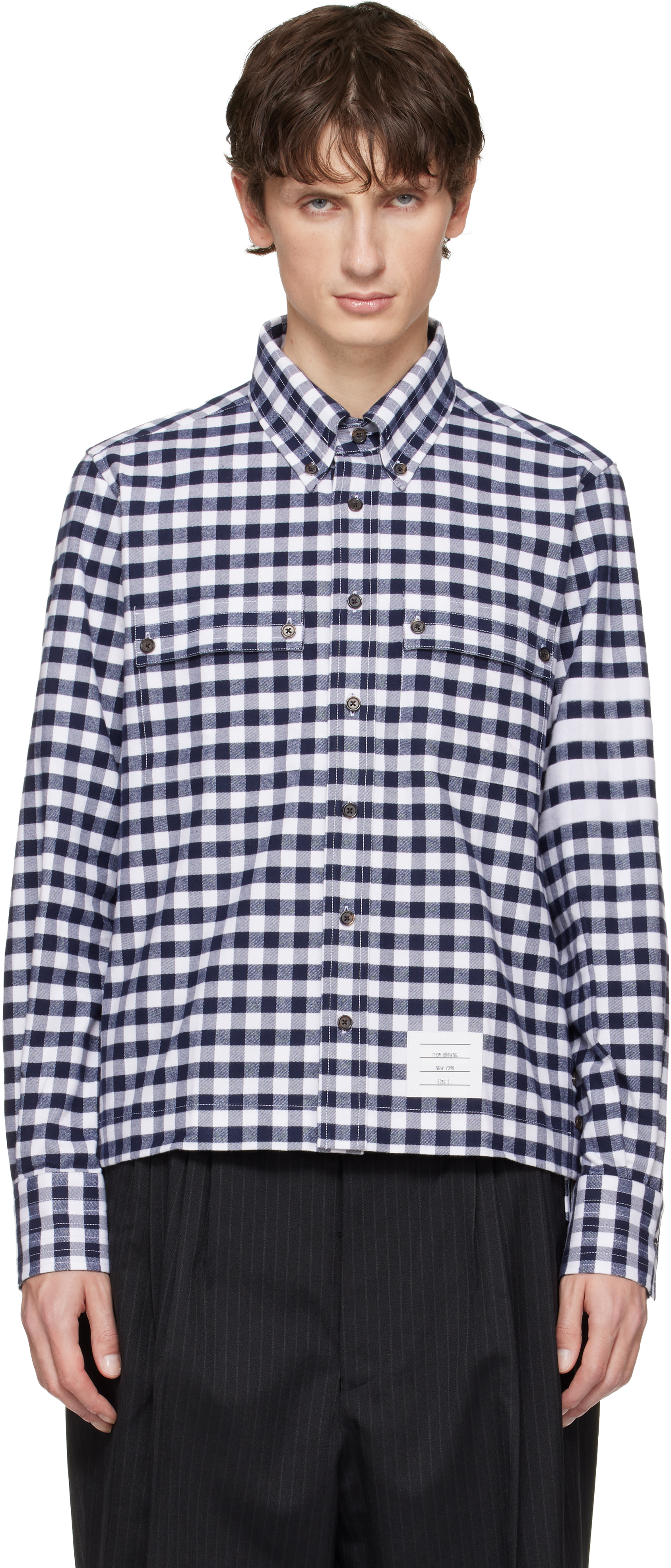 Navy Gingham Check Flannel 4-Bar Utility Shirt by Thom Browne on Sale