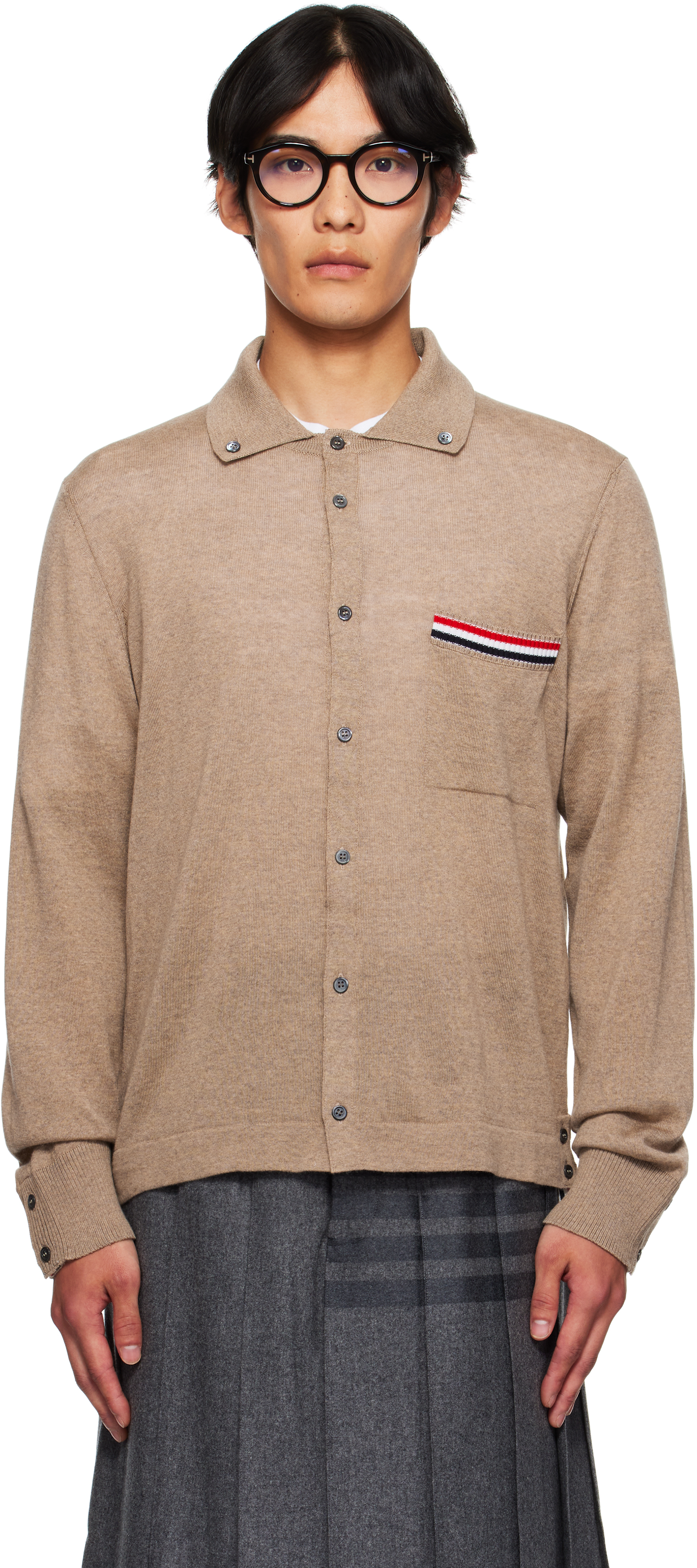 Beige Merino Wool Jersey Stitch Long Sleeve Shirt