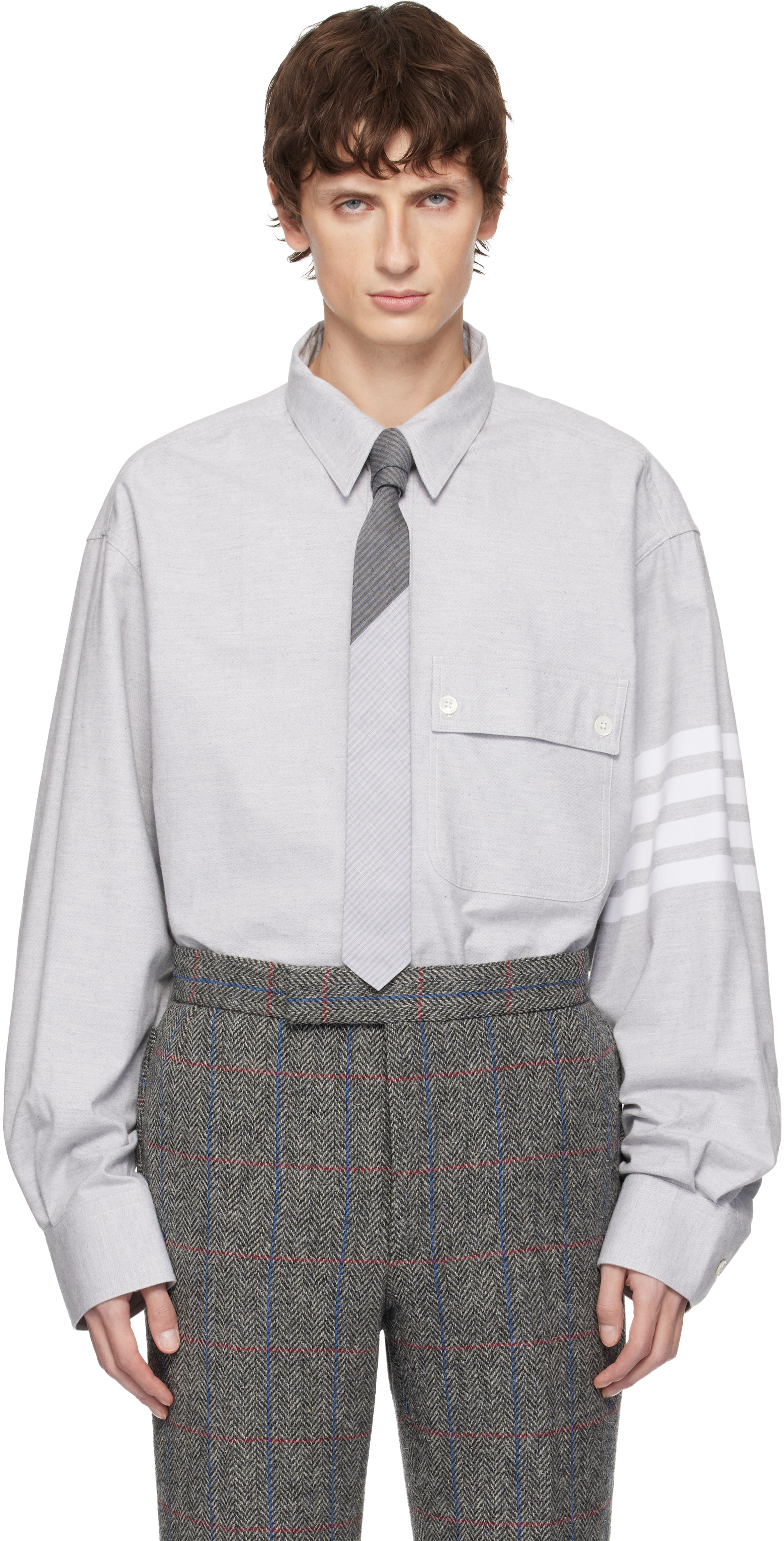 Gray Woven Flannel 4-Bar Oversized Shirt by Thom Browne on Sale Gray Woven Flannel 4-Bar Oversized Shirt by Thom Browne on Sale