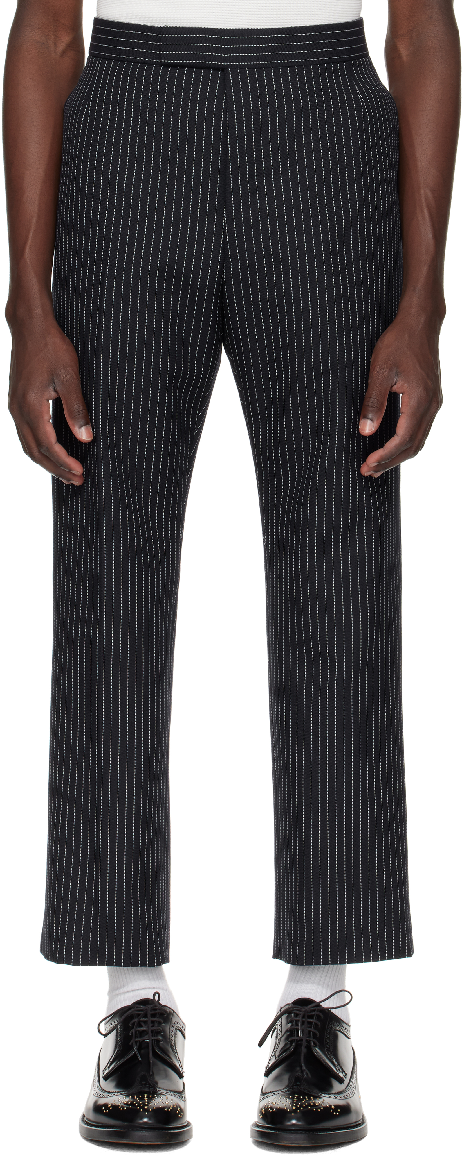 Navy Pinstripe High Twist Wool Backstrap Trousers