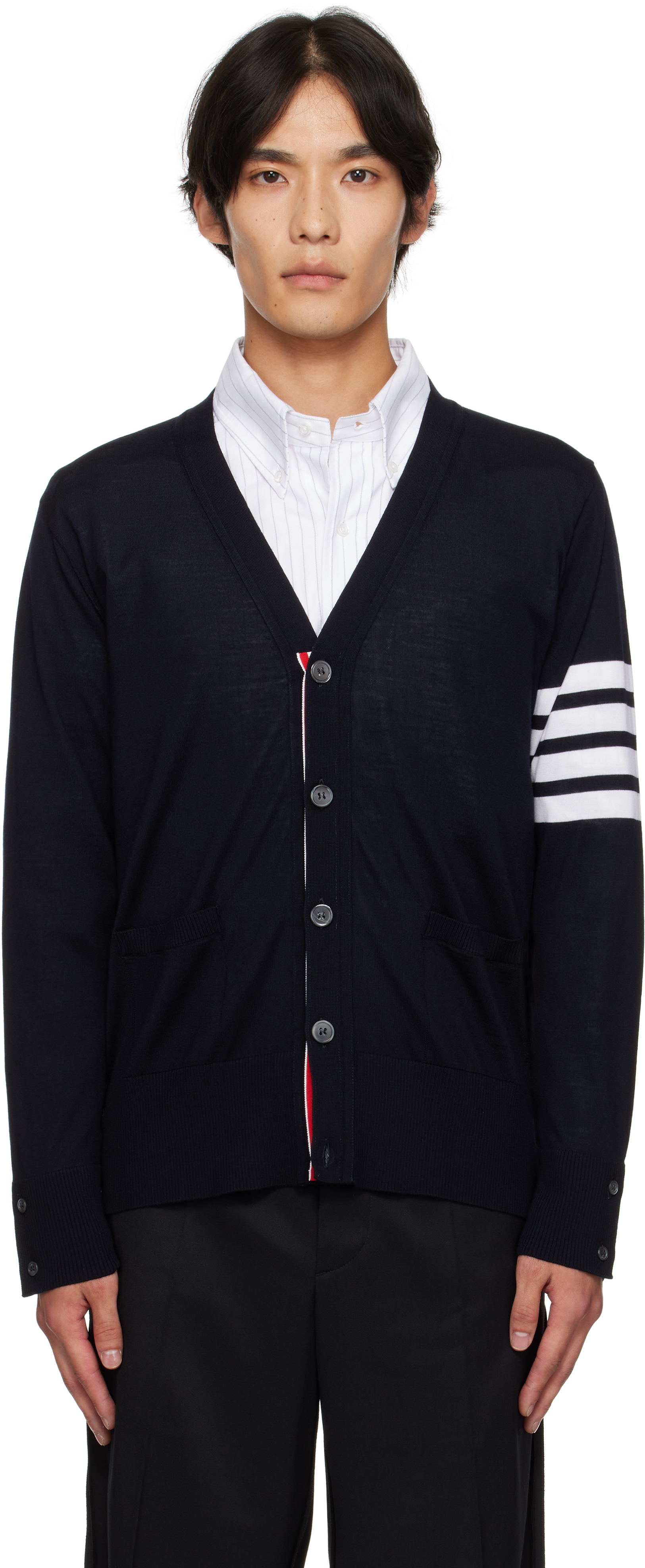 Thom Browne Black Fine Merino Wool V-neck 4-bar Cardigan In Black