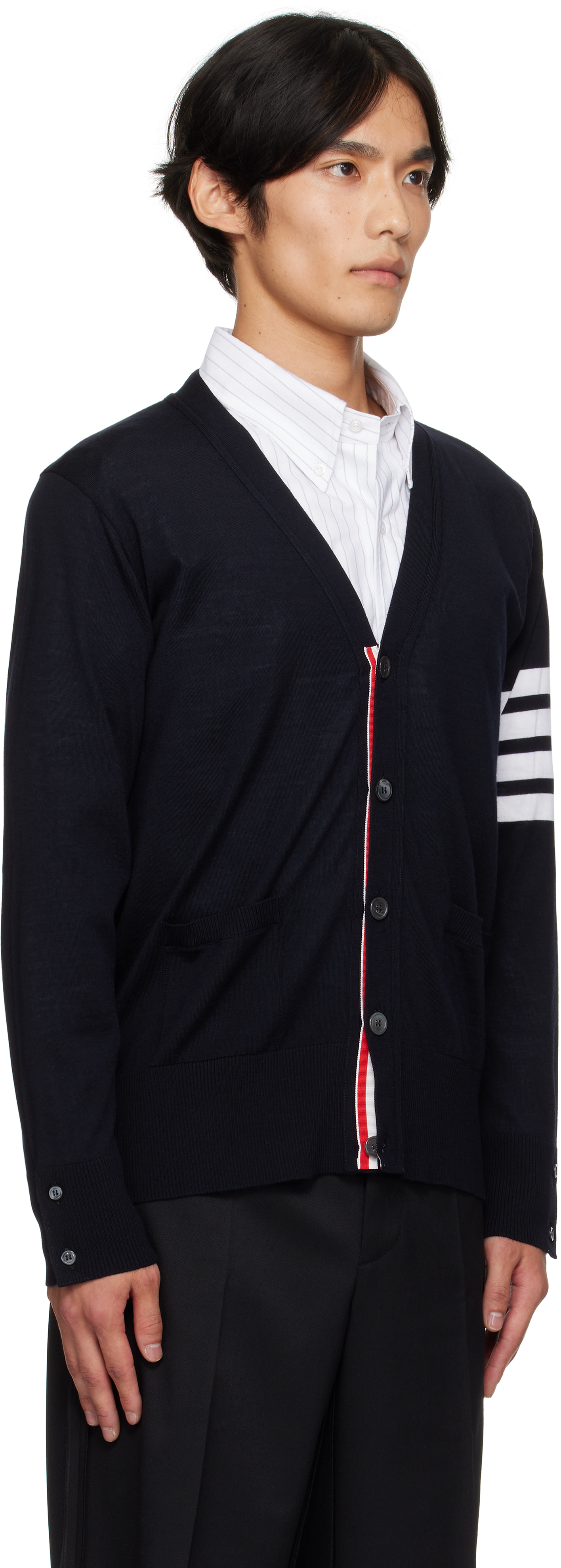 Thom Browne Black Fine Merino Wool V-neck 4-bar Cardigan In Black
