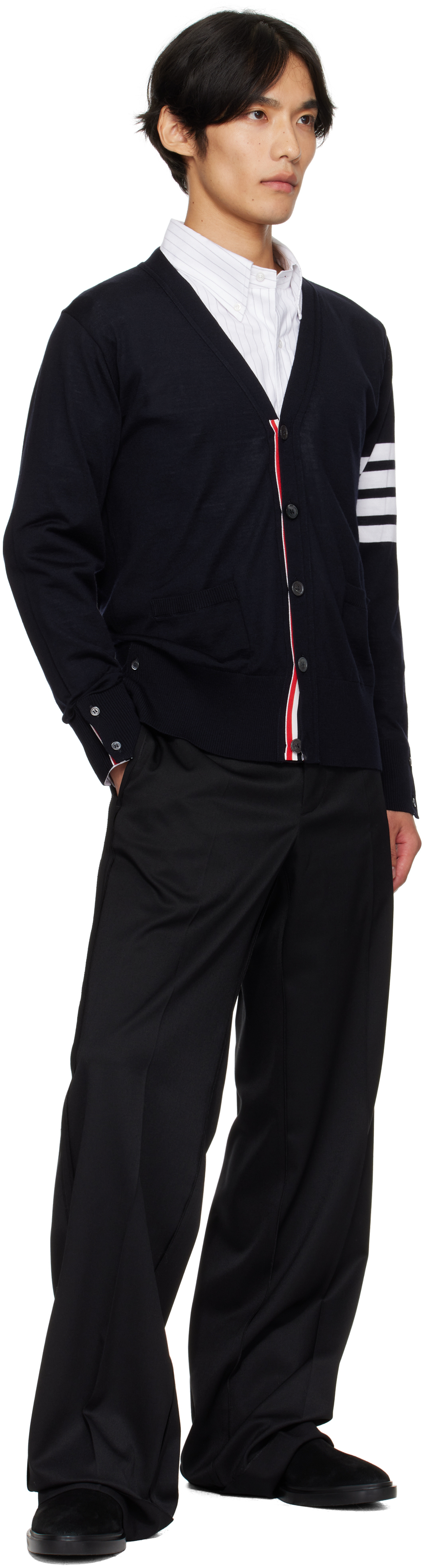 Thom Browne Black Fine Merino Wool V-neck 4-bar Cardigan In Black