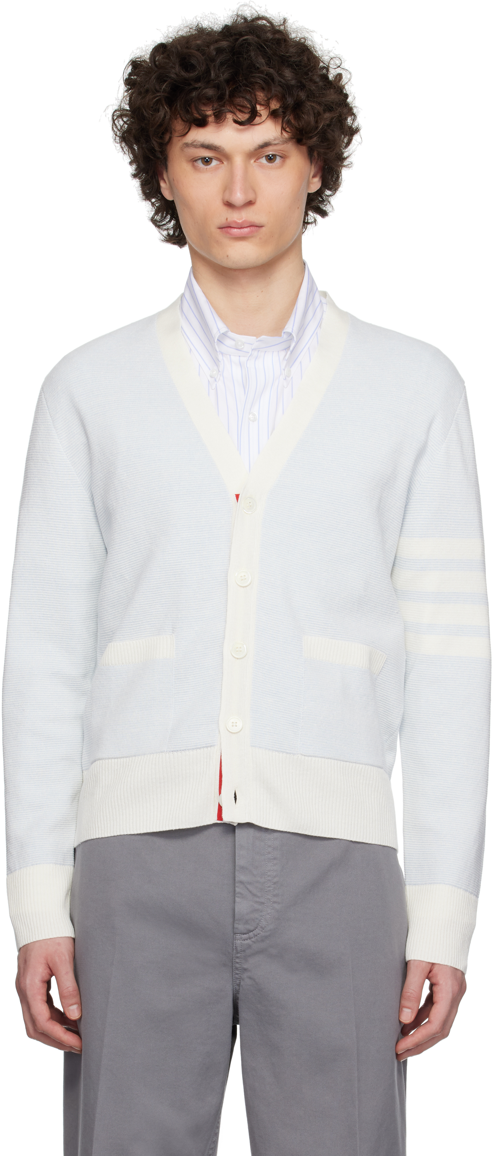 Blue Linen Cotton 4-Bar Relaxed Fit Cardigan