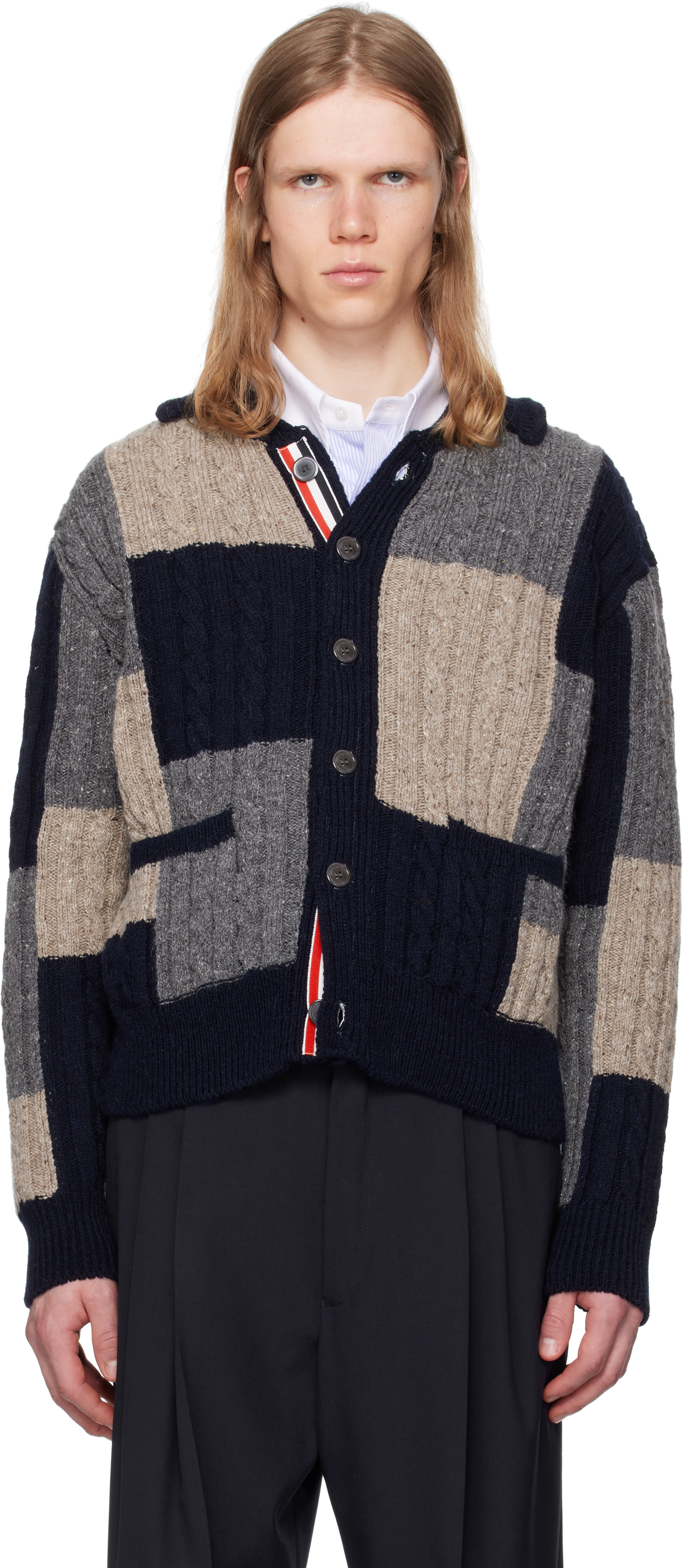 Thom Browne Patchwork Cable Knit Intarsia Cardigan In Multi