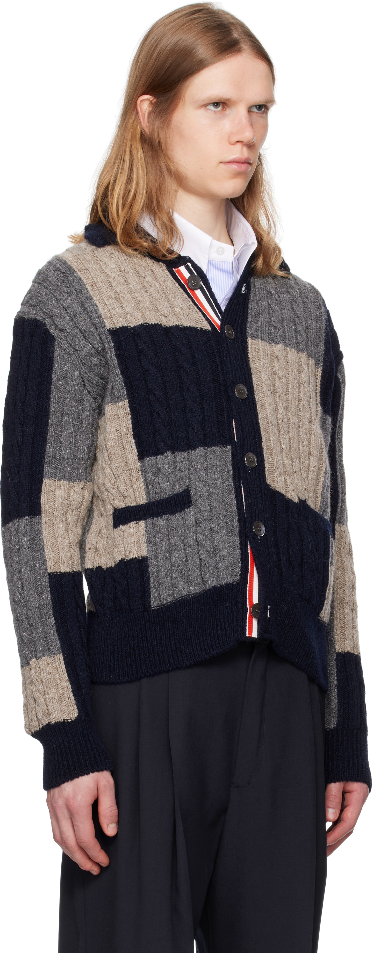 Thom Browne Patchwork Cable Knit Intarsia Cardigan In Multi