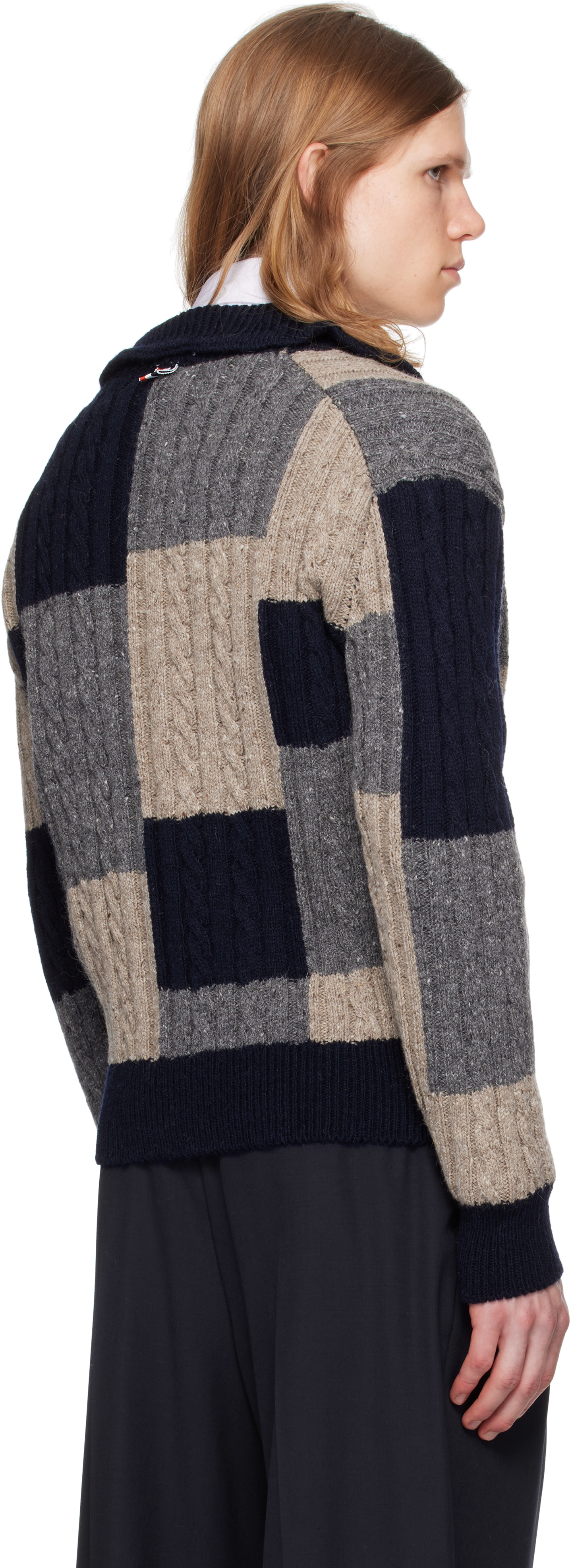 Thom Browne Patchwork Cable Knit Intarsia Cardigan In Multi