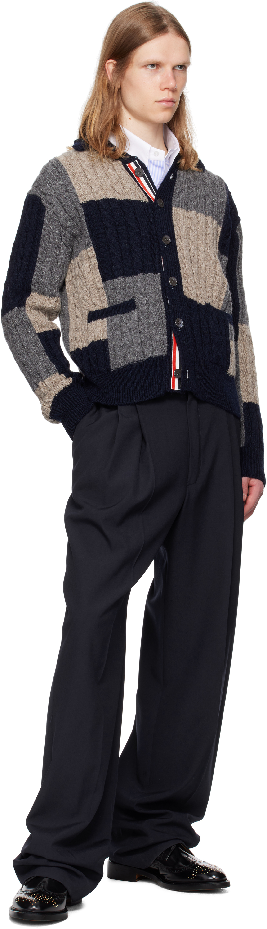 Thom Browne Patchwork Cable Knit Intarsia Cardigan In Multi