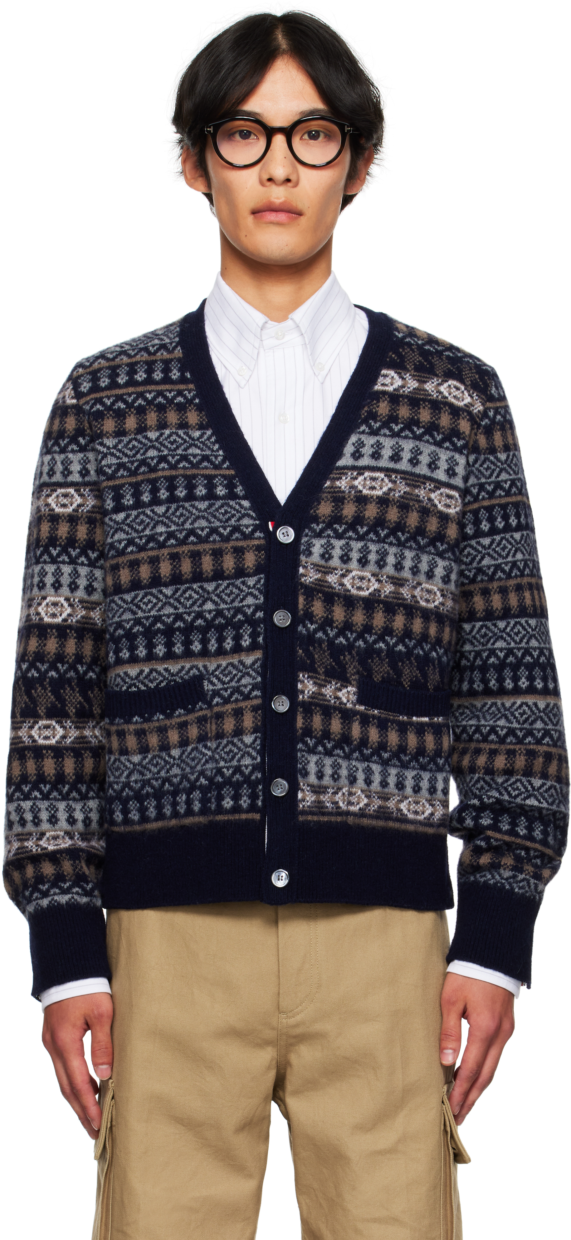 Navy Funmix Fair Aile Jacquard V-Neck Cardigan