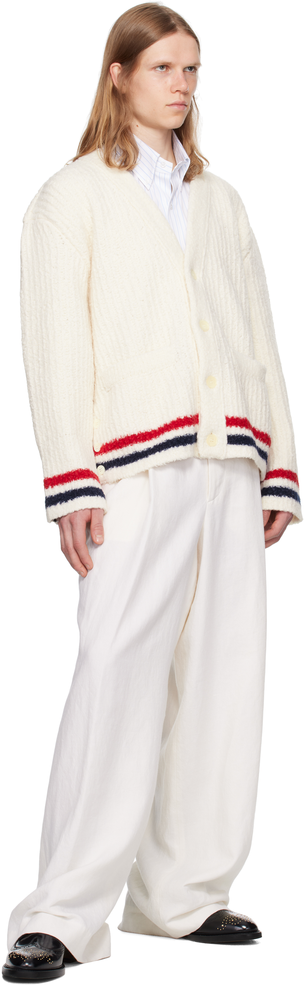 Thom Browne Ribbed Knit Rwb Stripe Cardigan In White