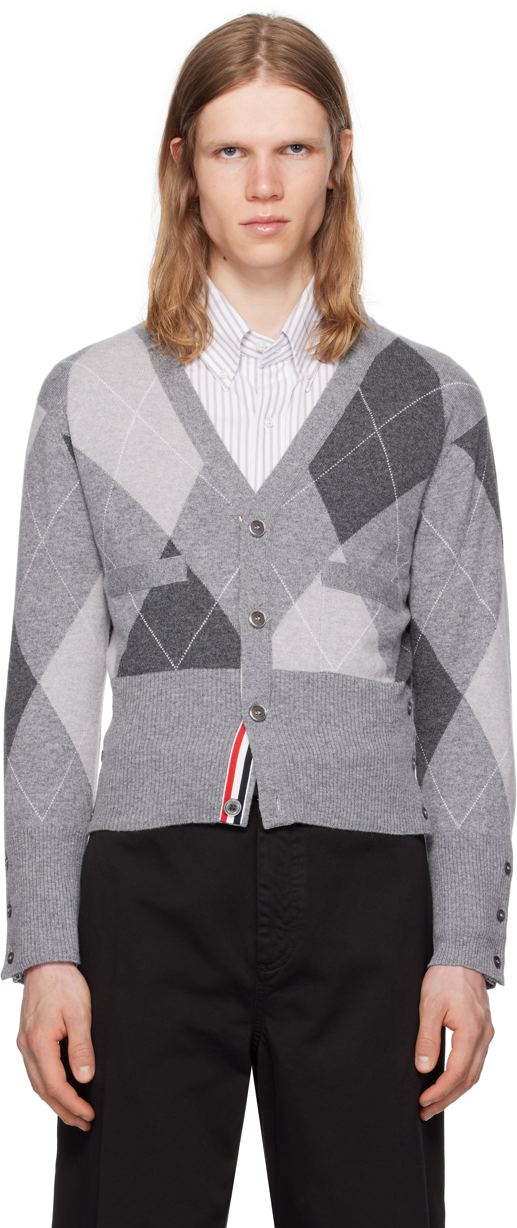 Thom Browne Gray Argyle Intarsia Cashmere V Neck Cardigan In Gray