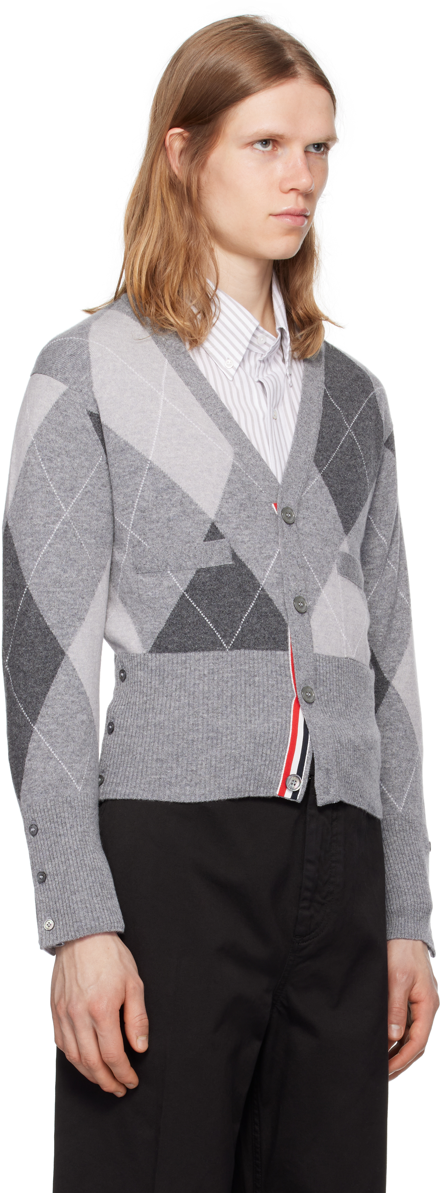 Thom Browne Gray Argyle Intarsia Cashmere V Neck Cardigan In Gray