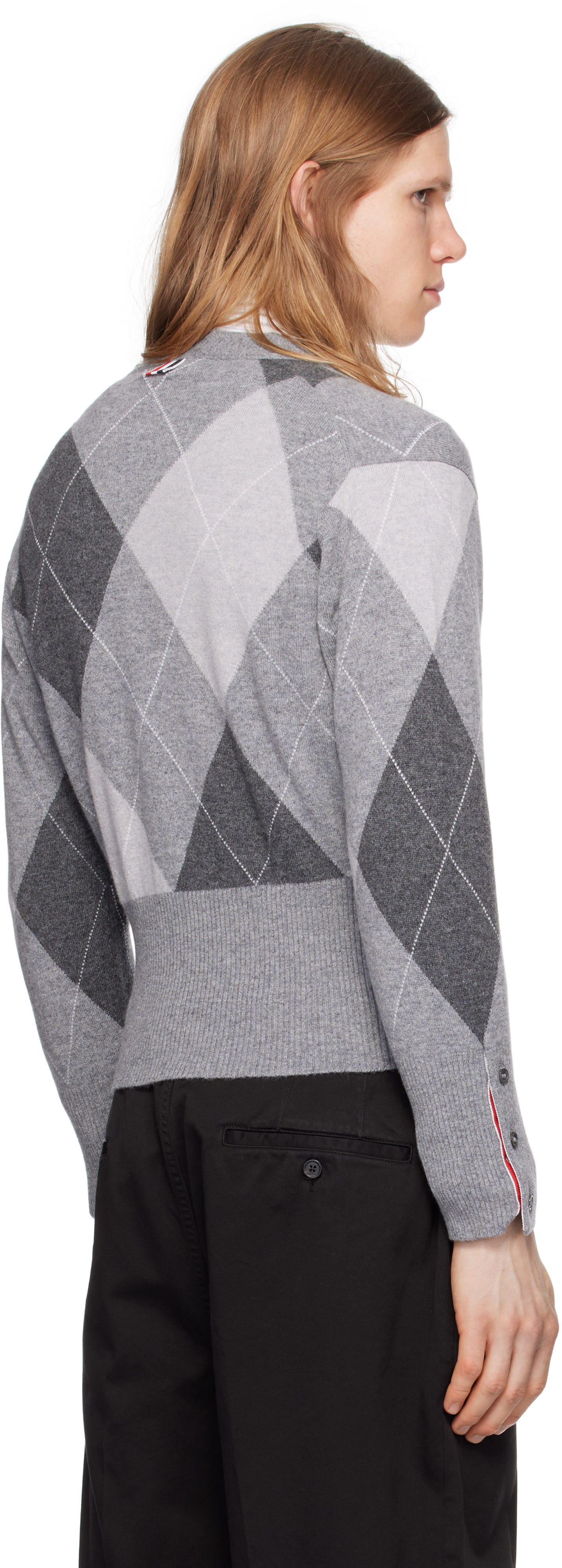 Thom Browne Gray Argyle Intarsia Cashmere V Neck Cardigan In Gray