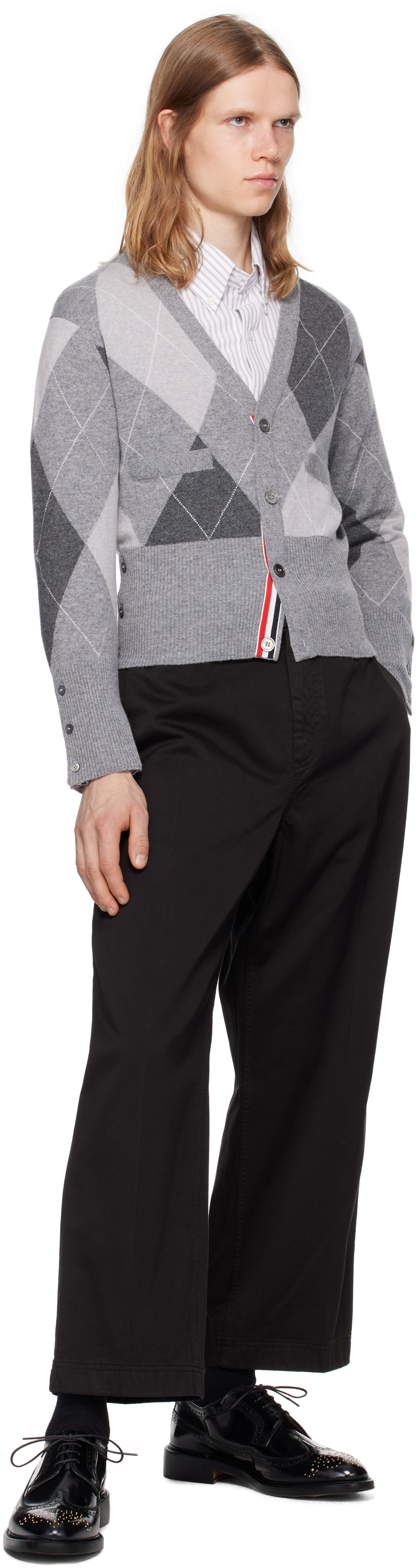 Thom Browne Gray Argyle Intarsia Cashmere V Neck Cardigan In Gray