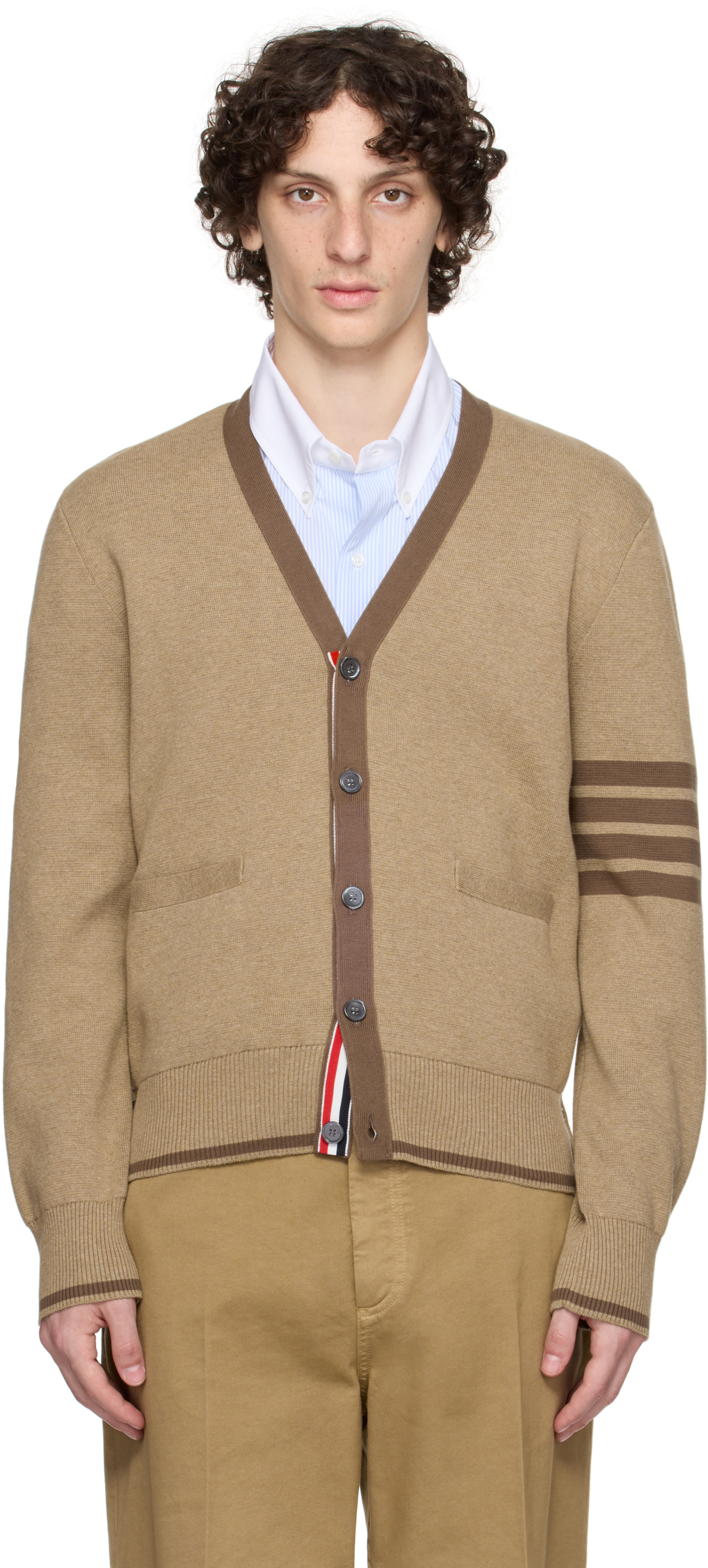 Brown Milano Stitch 4-Bar V-Neck Cardigan