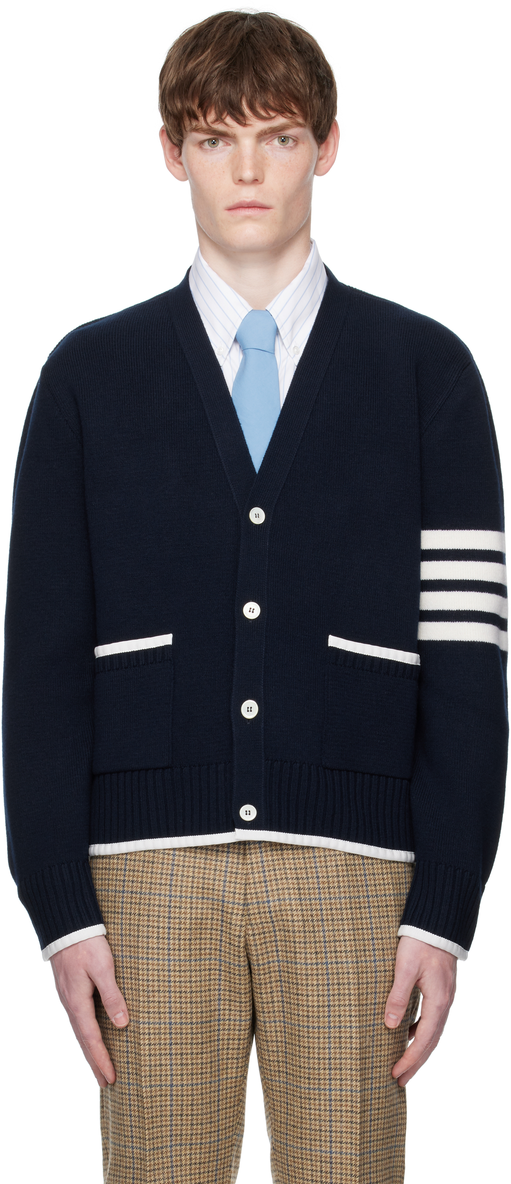 Navy Milano Stitch Merino Wool 4-Bar V-Neck Cardigan
