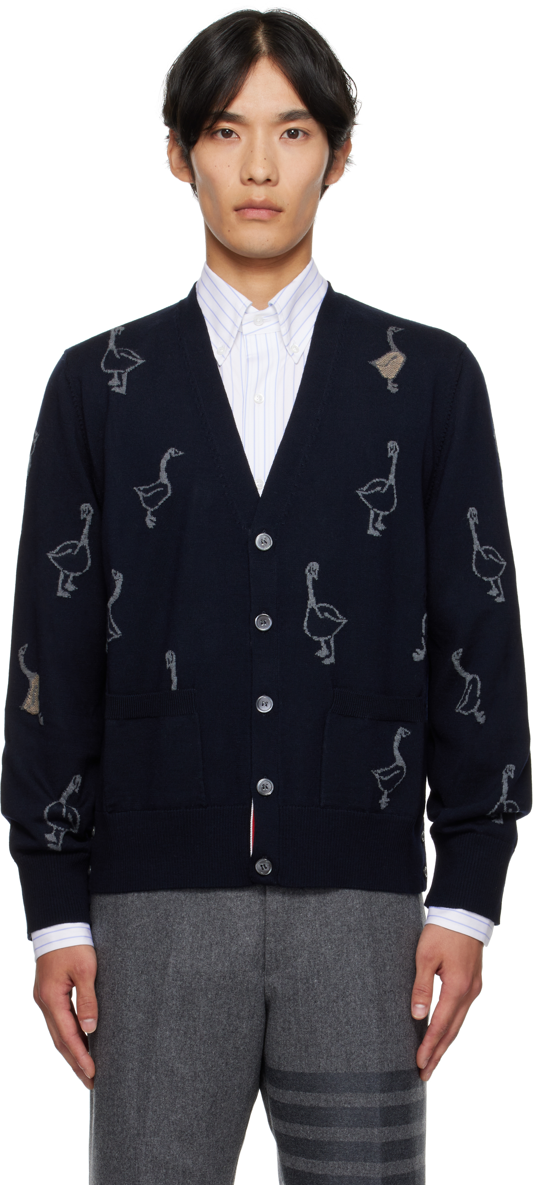 Navy Geese Intarsia Merino Relaxed Fit Cardigan